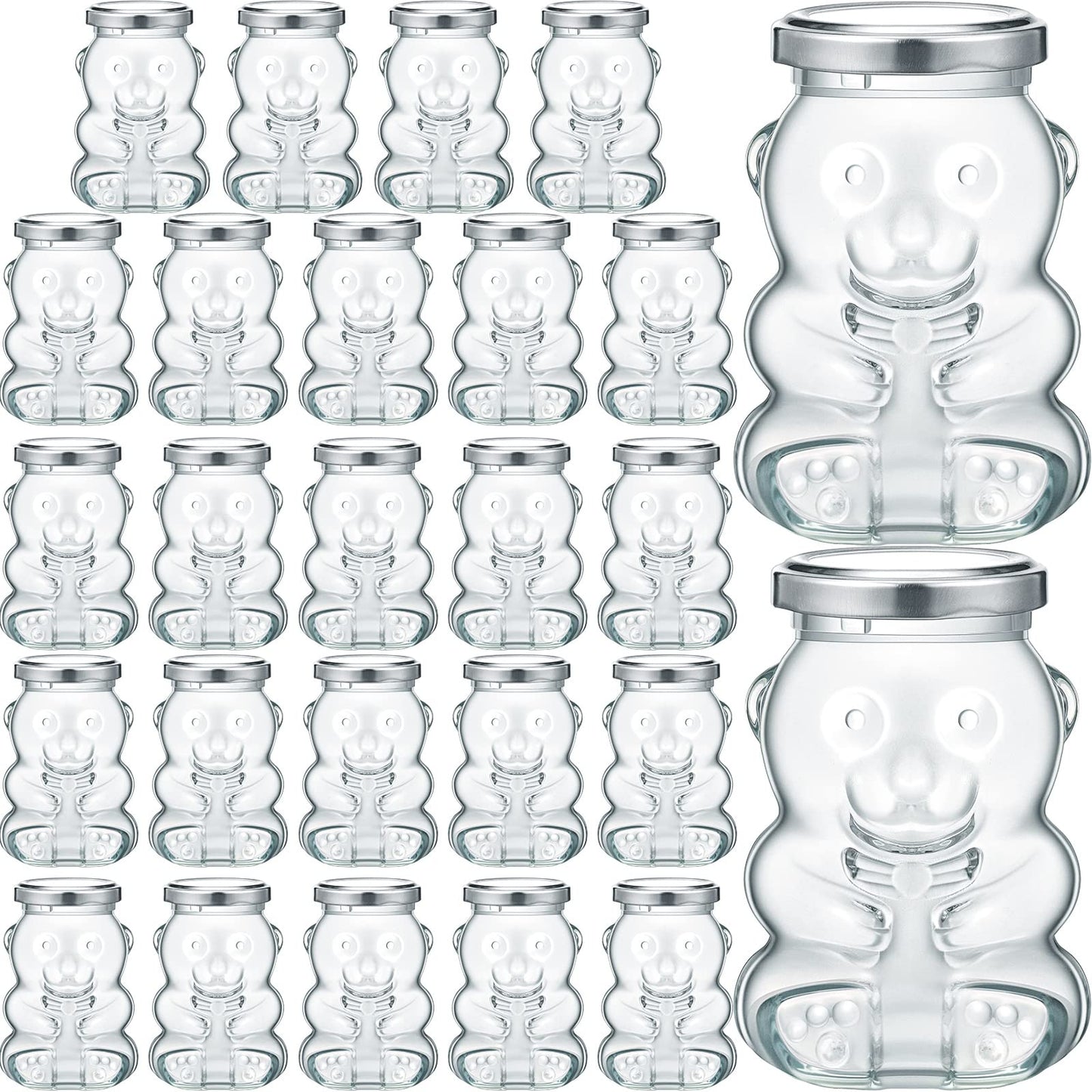 Patelai 24 Pack 4 oz Glass Bear Shaped Honey Jars with Lids Reusable Small Tilted Bear Glass Bottles Containers Dispenser for Candies, Birthday Wedding Party Favors(Classic, Silver)