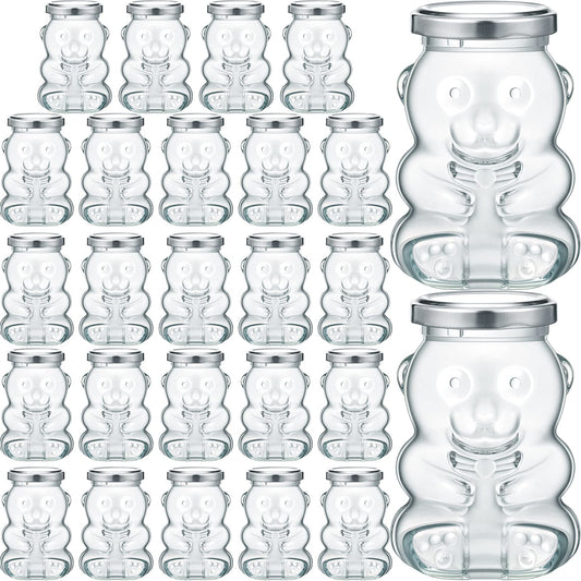 Patelai 24 Pack 4 oz Glass Bear Shaped Honey Jars with Lids Reusable Small Tilted Bear Glass Bottles Containers Dispenser for Candies, Birthday Wedding Party Favors(Classic, Silver)