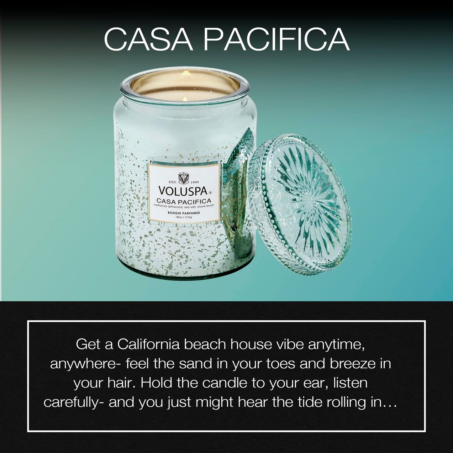 Voluspa Casa Pacifica, Large Candle Jar, 18 oz, 100 Hour Burn Time, All Natural Wicks and Coconut Wax for Clean Burning, Vegan, Poured in the USA