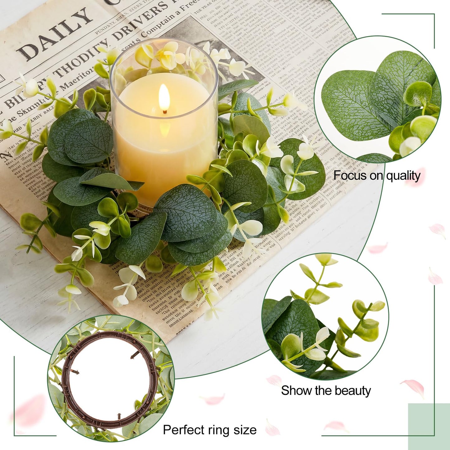 Yunlly 4 Pcs Candle Wreaths Rings Artificial Eucalyptus Wreaths Candle Holder Rings with LED Flameless Candles, 9.5" Wide for Wedding Windows Table Centerpieces, Green and White