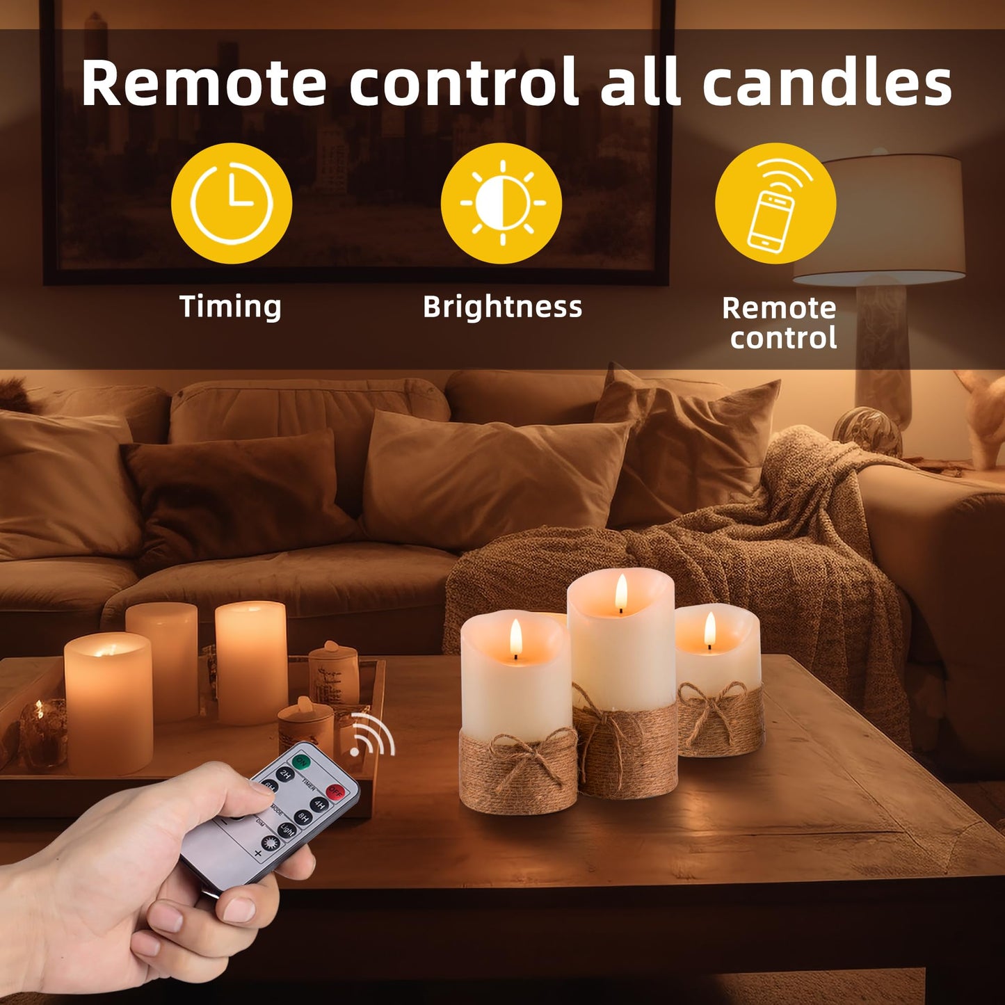AKU TONPA Flameless Candles Battery Operated Pillar Real Wax Electric LED Candle Gift Set with Remote Control and Timer, 4" 5" 6" Pack of 3, Ivory Wax with Hemp Rope