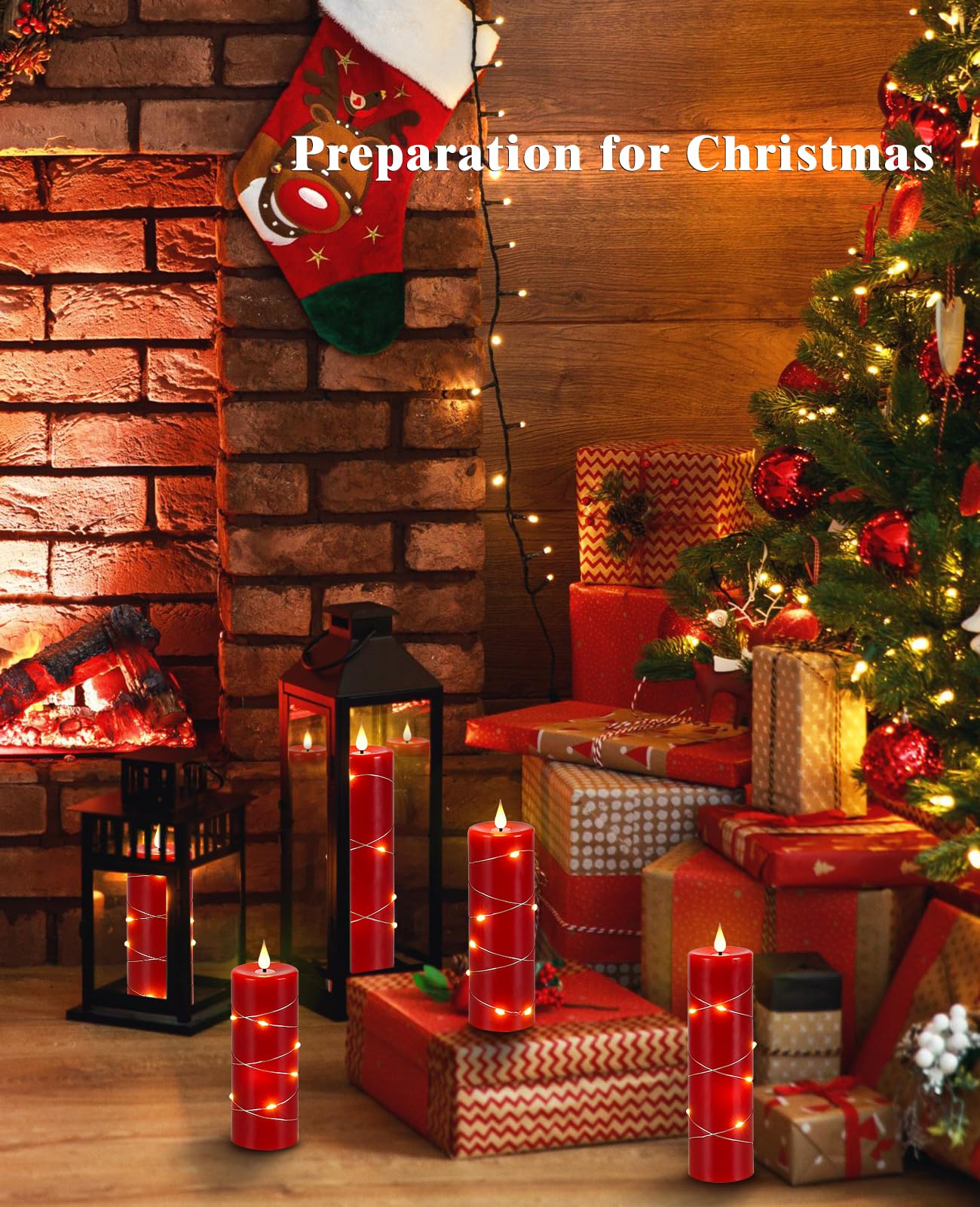 Upinmz Red Flameless Candle with Remote Control and Timer,Flickering Battery Operated Candles with String Lights,LED Pillar Candles,Set of 5