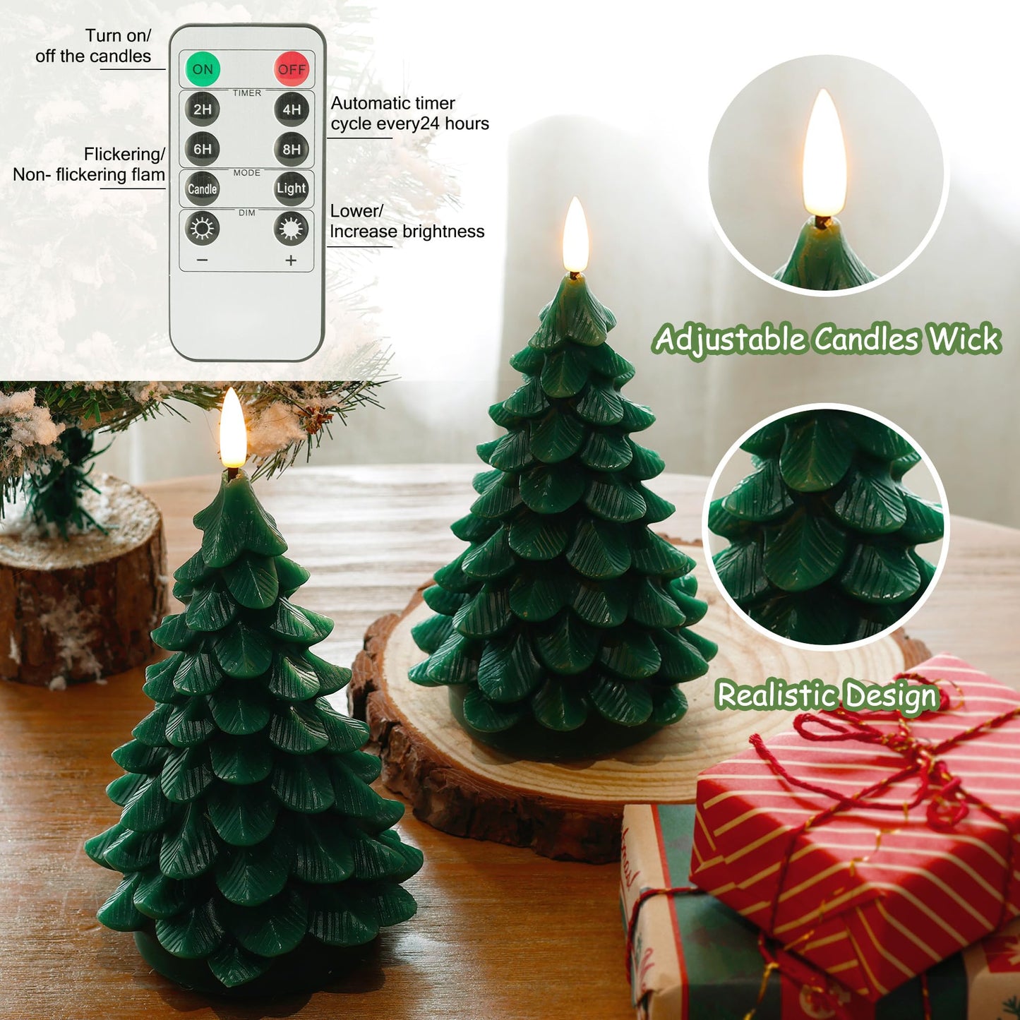 JOIONE Christmas Tree Flameless Candles with Remote Timer, Battery Operated Flickering Candles, LED Real Wax Candles for New Year Celebration, Christmas Decor, Set of 2, Green (3.15" X 7.48")
