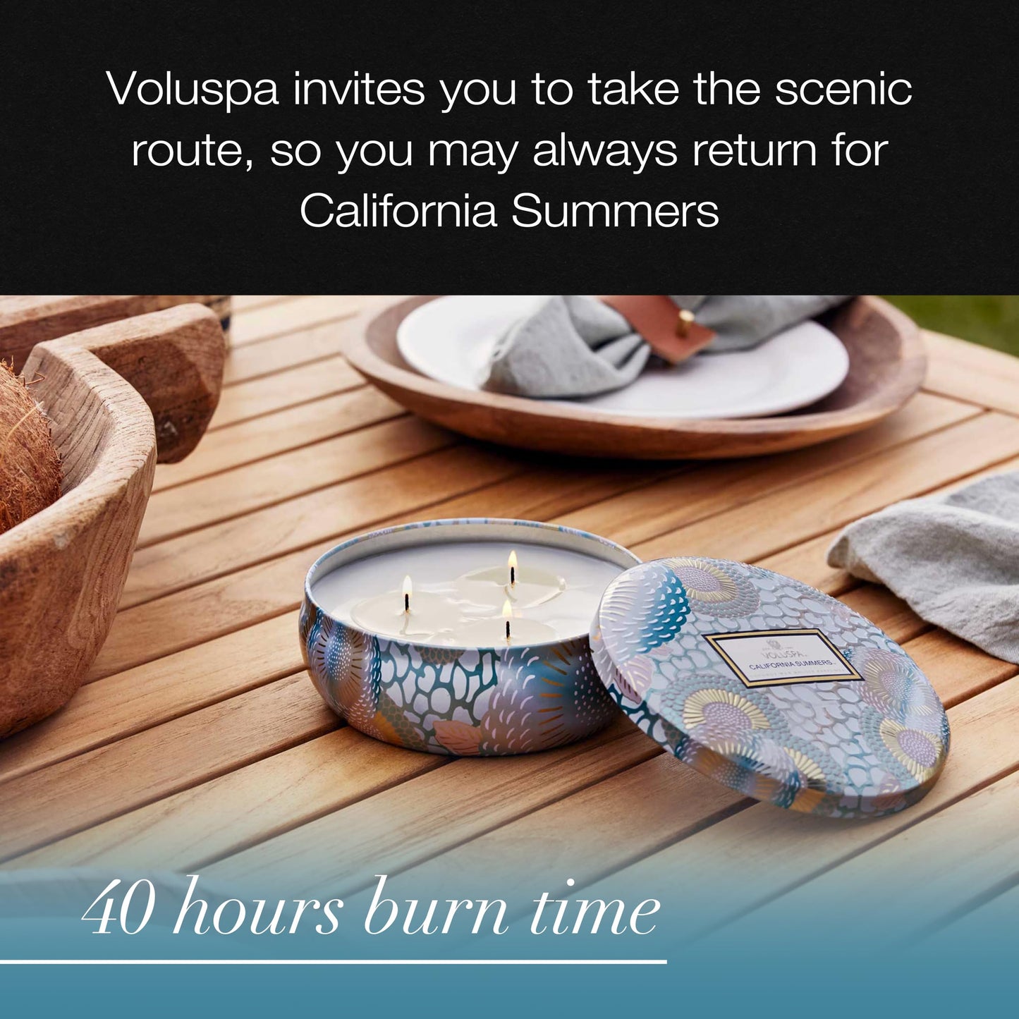 Voluspa California Summers Candle Tin, 12 oz, Coconut Wax Blend, 3 Wick Candle, Scented Candles for Home, 40 Hour Burn Time, Poured in the USA