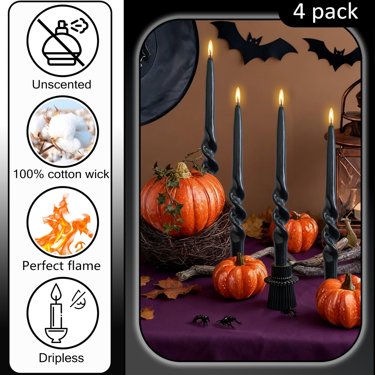 Black Taper Candles Tall Halloween Candlesticks Dripless Spiral Taper Candles Twisted Candlesticks Funky Candle Sticks Unscented Candle for Halloween Dinner Decor Praty Housewarming