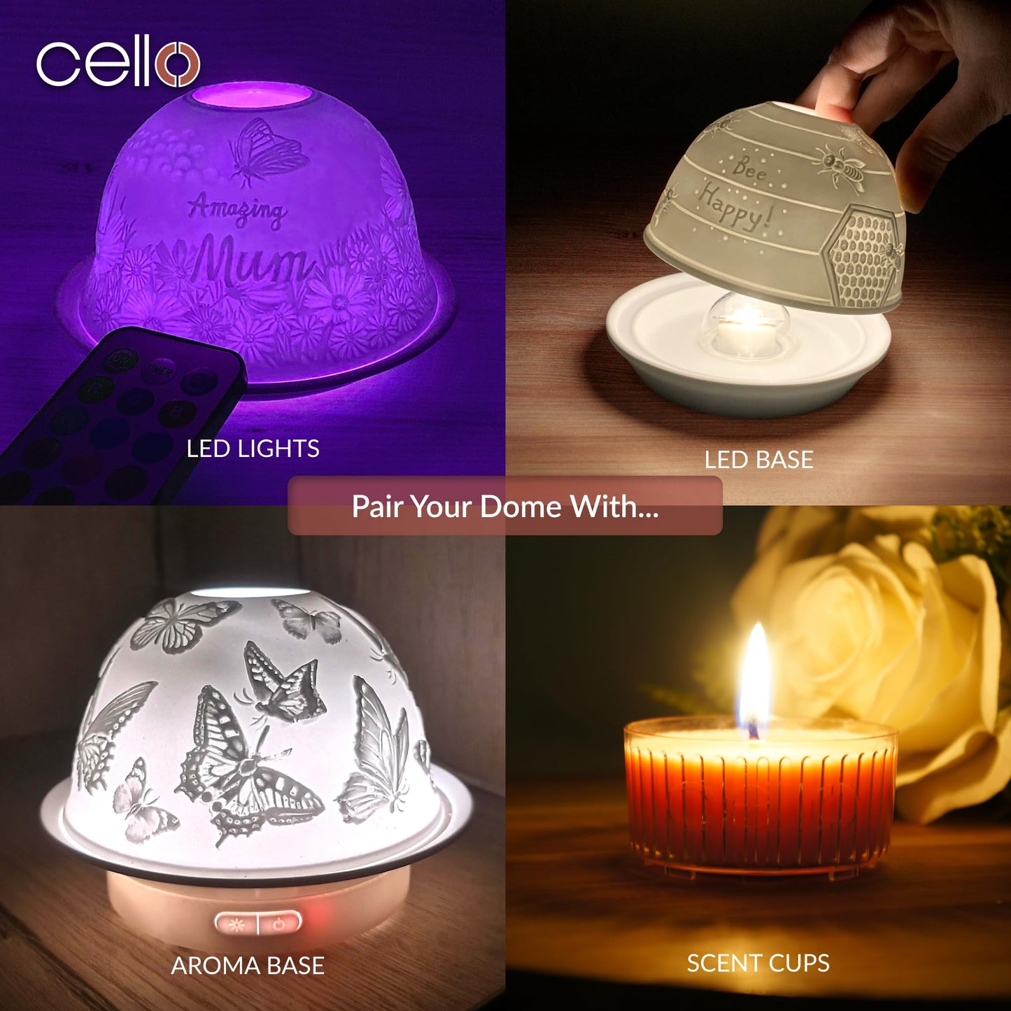Cello Porcelain Tealight Holder Dome - Cat Design Design with 3D Projection Image & Message Scented Unscented LED Candle Wax Warmer Animal Lovers Nature Gifts Ornament Home for Women Mom Easter
