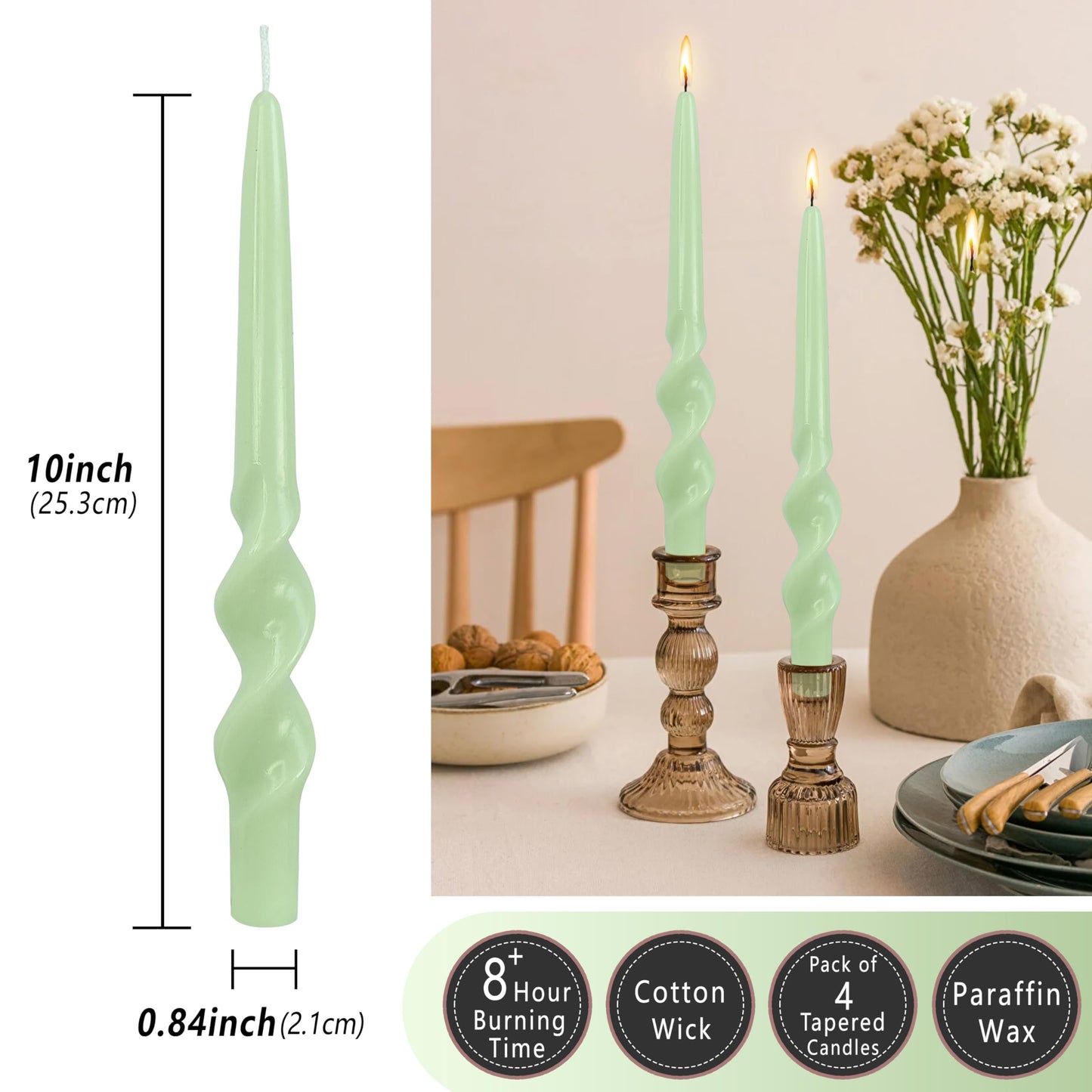 Tapered Candle Twisted Candlesticks Green Candle Stick Smokeless Candles Long Twirl Candle Easter Taper Candles Cute Odorless Candles for Anthropologie Home Décor Dinner Party Mother's Day Gifts