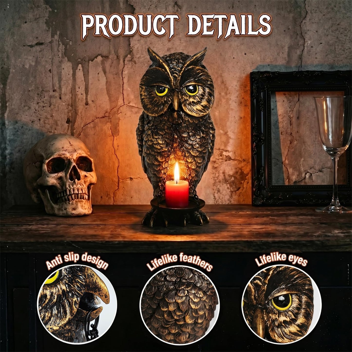 Gothic Home Decor Owl Candle Holder Tealight Stand Resin Statue for Living Room Bedroom Halloween Spooky Ornaments Unique Bird Decor Gold