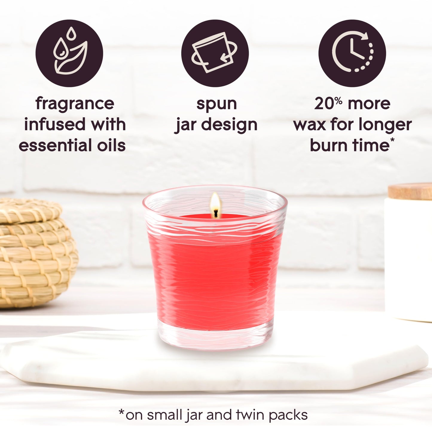 Glade 1-Wick 2in1 Scented Candle Jar, Bubbly Berry Splash & Watermelon Refresher, Air Freshener Infused with Essential Oils, 4.08 Oz, 2 Count