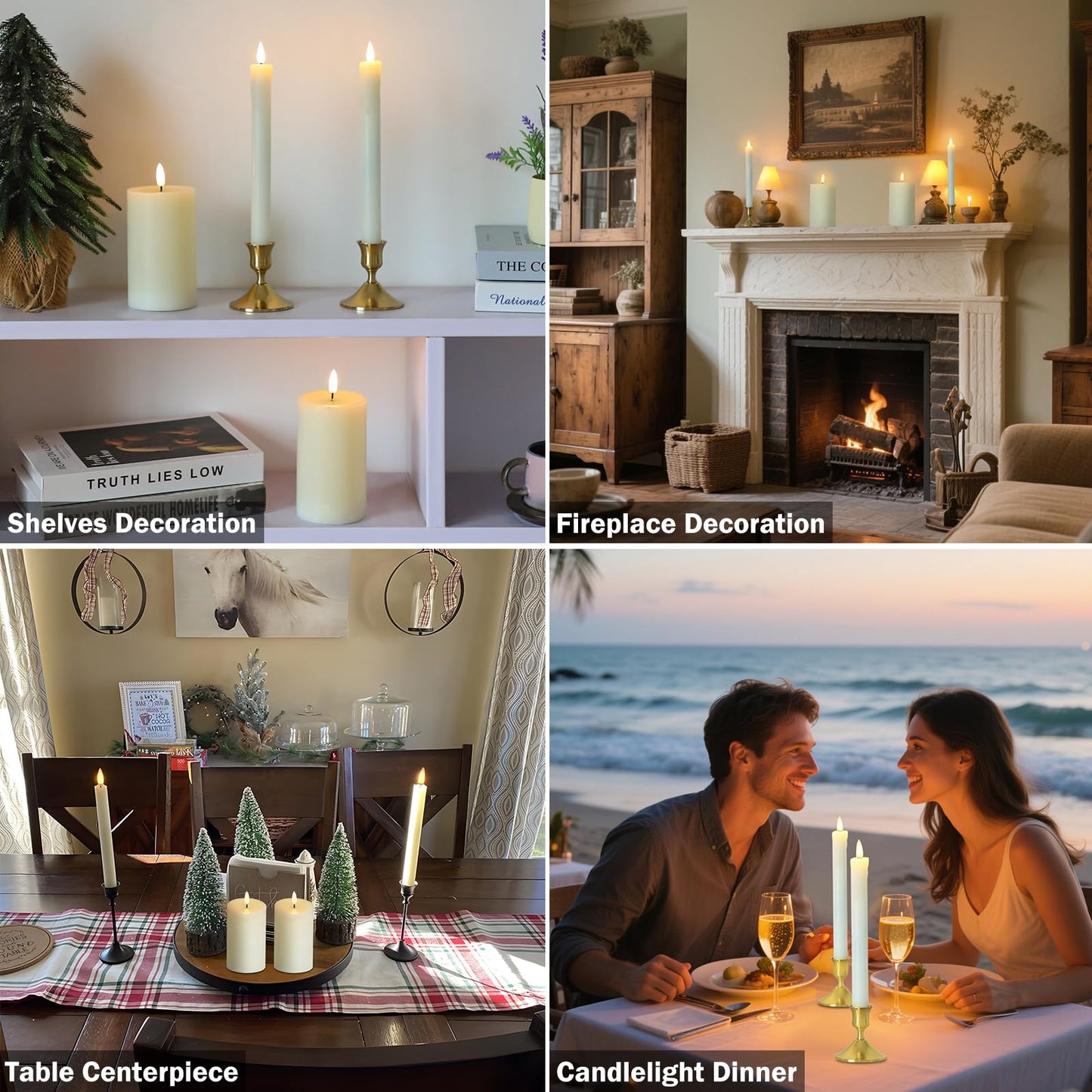 Hinabichan Real Wax LED Flameless Candles with Remote Timer, 4 Pcs Ivory Battery Operated Window Candle with 3D Flickering Flame for Fireplace Xmas Halloween Wedding Decor (9.5" Taper & 5" Pillar)
