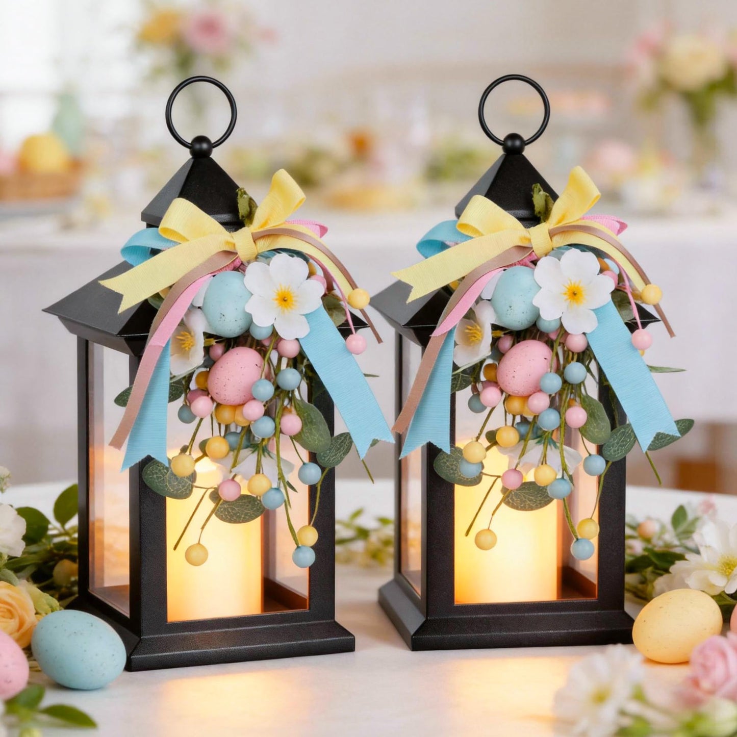 JOHUNT Easter Decorative Candle Lanterns, Battery Operated with Timer, 2 Pack Black Easter Egg Lanterns, 14" Waterproof Hanging Lanterns for Porch, Patio, Wedding Spring Decor