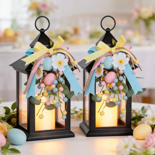 JOHUNT Easter Decorative Candle Lanterns, Battery Operated with Timer, 2 Pack Black Easter Egg Lanterns, 14" Waterproof Hanging Lanterns for Porch, Patio, Wedding Spring Decor