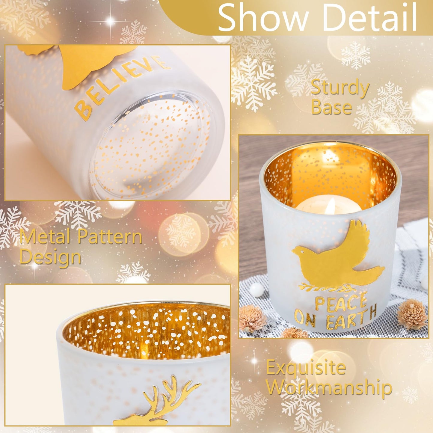 Rancco Votive Candle Holders, Christmas Gold Silver Glass Tea Light Candle Holder Set of 3 with Elk, Angel, Peace Dove, Candle Holder for Christmas Table Centerpieces, Birthday, Home Tea Party Decor
