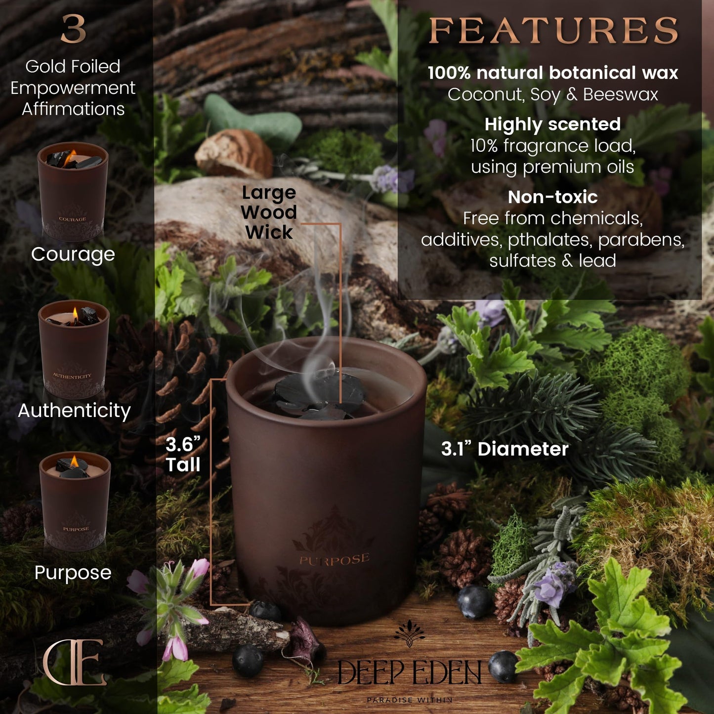 Forest Mahogany Scented Crystal Candle - Luxury Empowerment Candle with Black Tourmaline Crystals - 7.4oz Natural Soy, Coconut & Beeswax Wood Wick Candles for Men