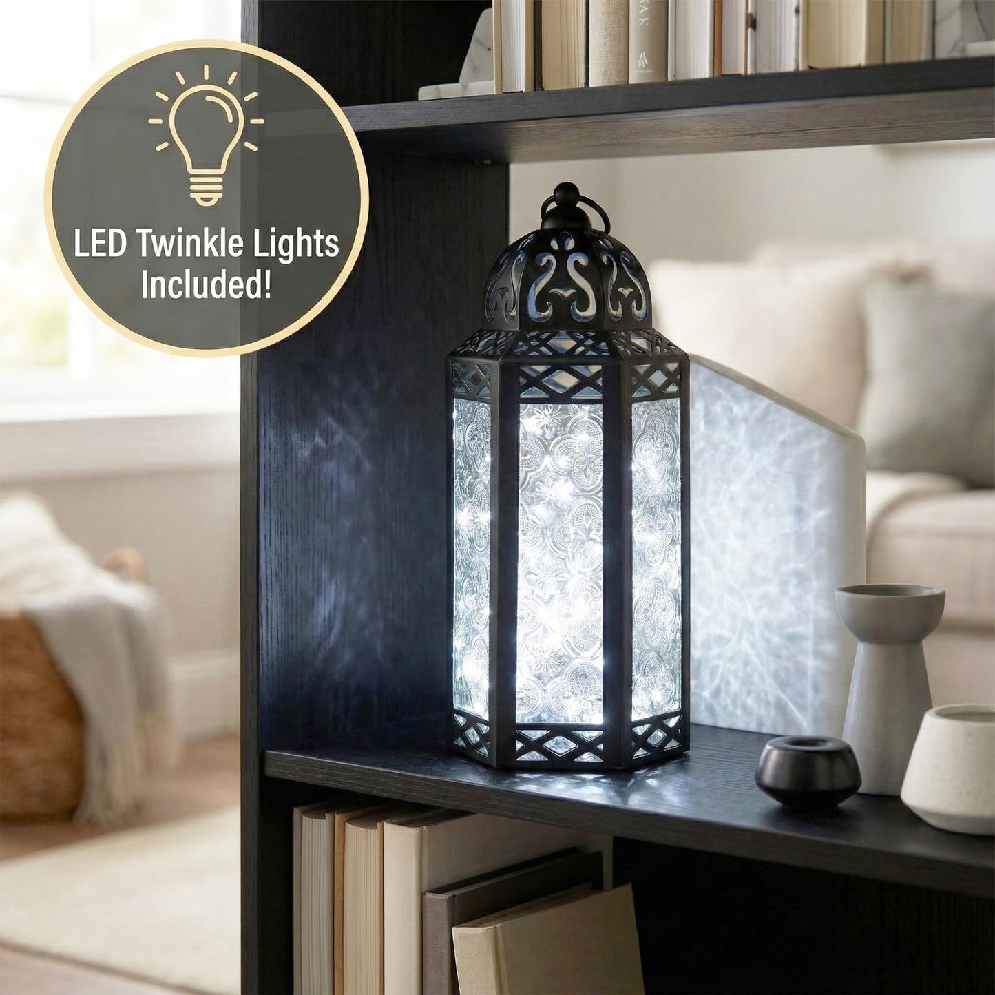 Vela Lanterns Decorative Indoor Moroccan Candle Holder & LED Fairy Lights -Twinkle Turkish Lamp, Fantasy Home Decor Table Centerpieces, Hanging Outdoor Patio Porch Wedding Ramadan (10.5", Clear)