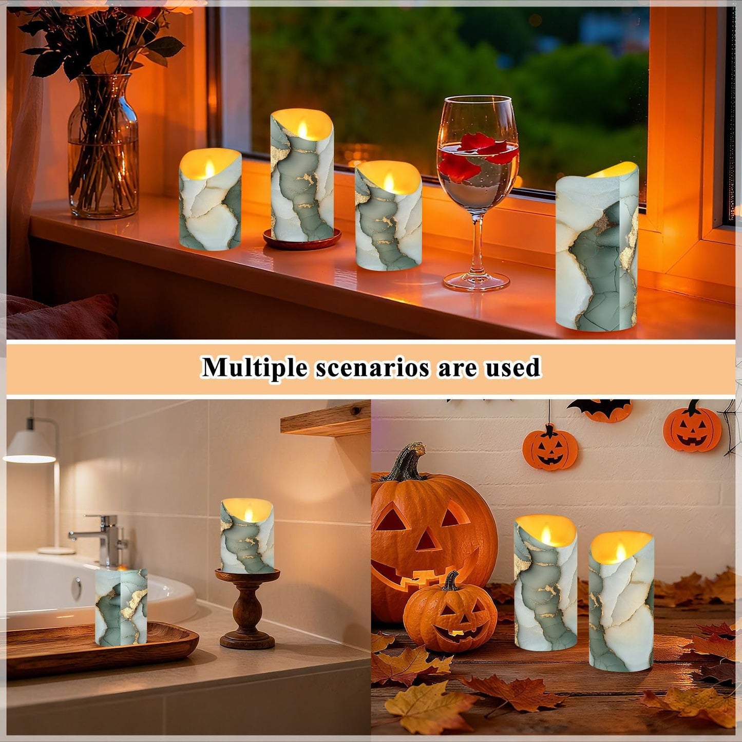 famyily Waterproof Outdoor LED Candles with Timer 2/4/6/8H Reusable Battery Operated Fake Candles for New Year’s Eve Party 3.9x3in - Marble Sage Green White