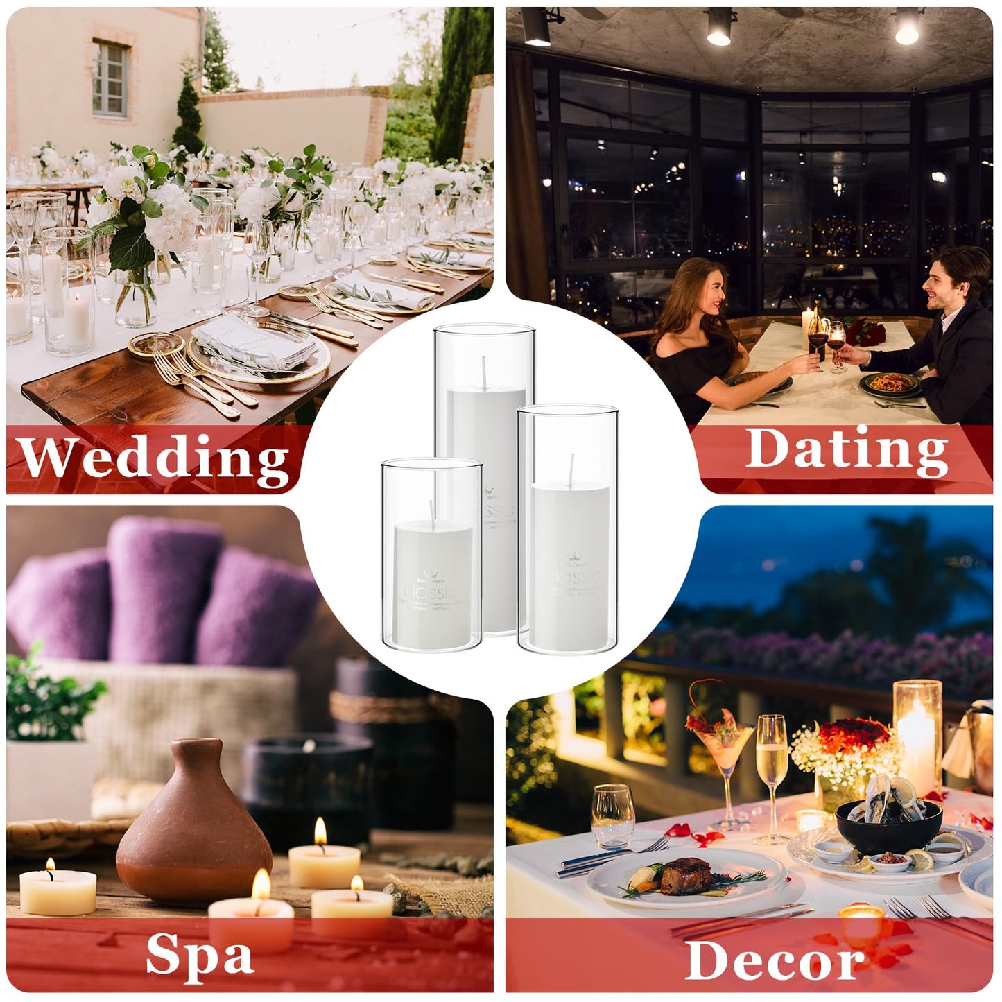 Shihanee 36 Pcs Pillar Candles and Glass Cylinder Vases Tall Cylinder Holders for Pillar Candles Wedding Centerpieces, Total 18 Sets(2.6'' X 4.7'', 5.9'', 7.9'',Clear,White)