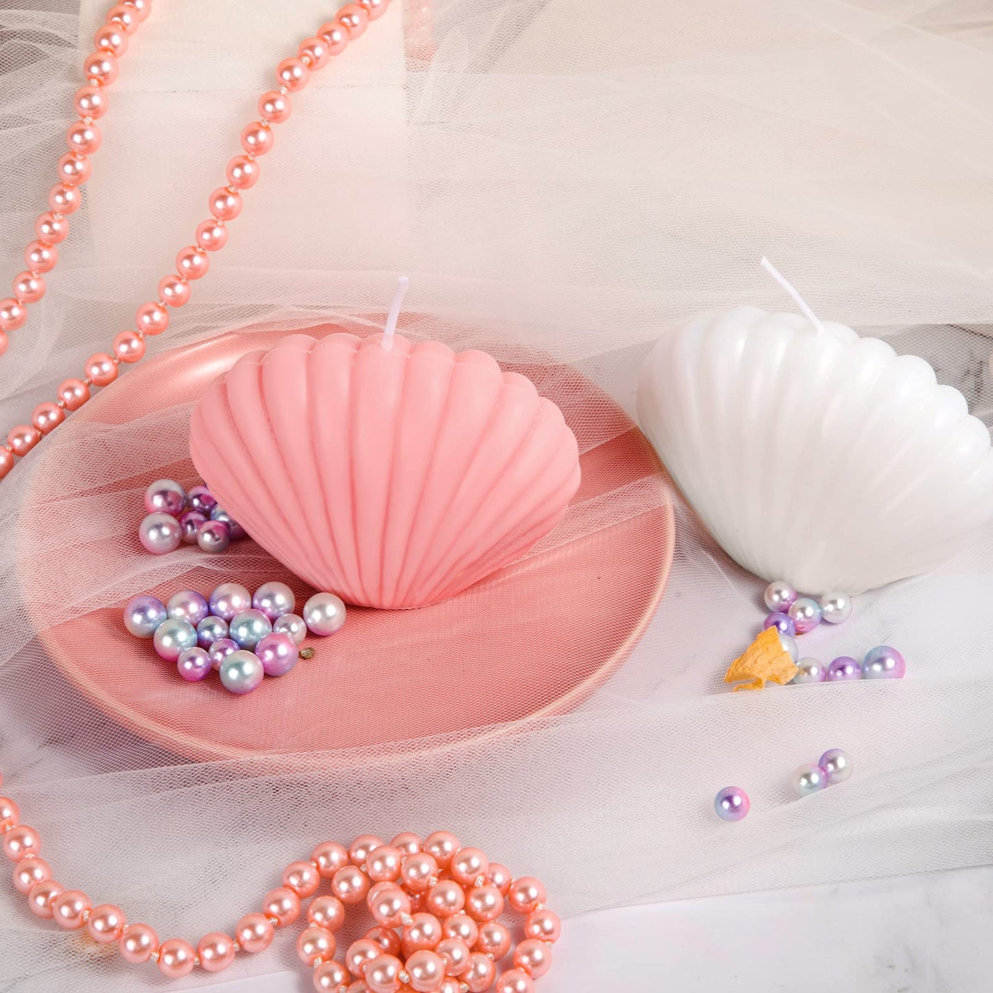 2 Pieces Seashell Scented Candles Aesthetic Trendy Candles Hand Poured Soy Wax Handmade Freesia Seashell Shape for Danish Pastel Room Decor, White, Pink(Cute Style)