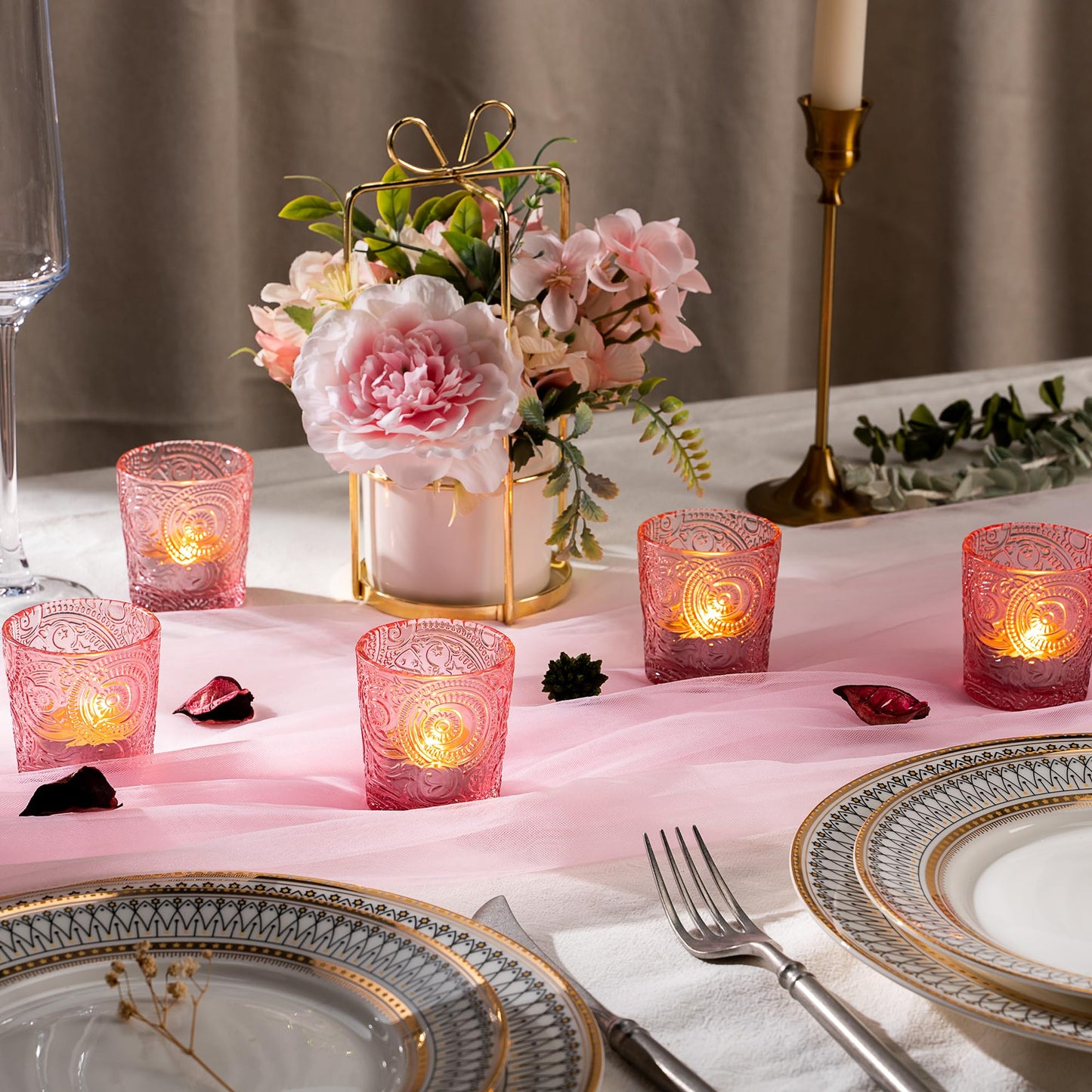 6 Pack Patented Sun Moon Star Embossed Glass Tea Light Candle Holders - Unique Votive Candle Holders for Wedding, Party, and Table Centerpieces (Multi-Color)