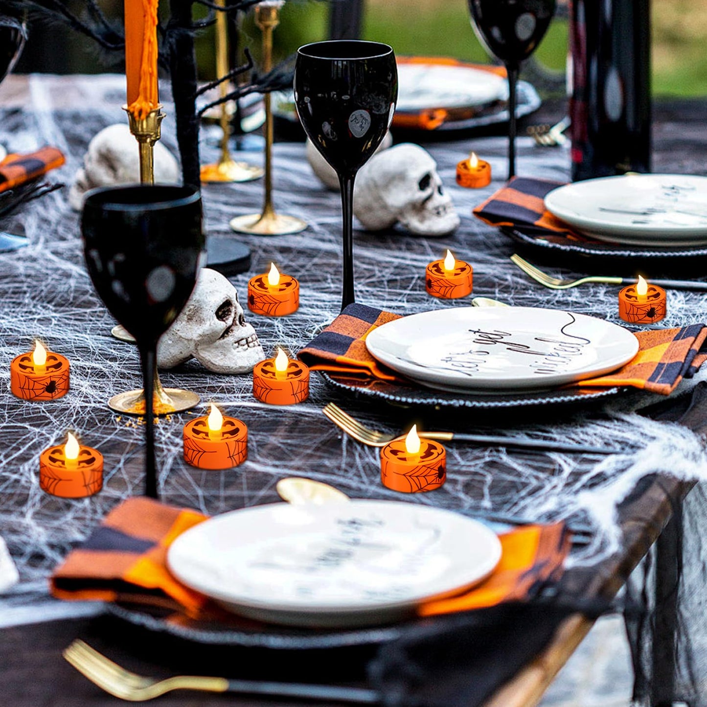 GenSwin Halloween Tealights Candles Battery Operated, 12 Pack Tea Lights Flameless Candles with Timer, Orange LED Votive Flickering Candles with Pumpkin Face and Spiderweb Prints for Halloween Decor