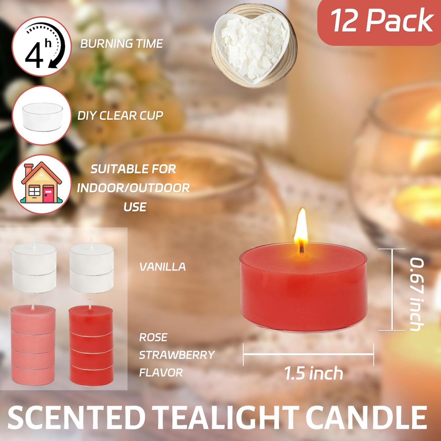 Scented Tea Light Candles 12 Pack Pastel Color Hand Poured Smokeless 4 Hours Clean Burning Small Round Clear Cups Tealight Candles for Romantic Dinners Wedding Centerpieces Cozy Evenings