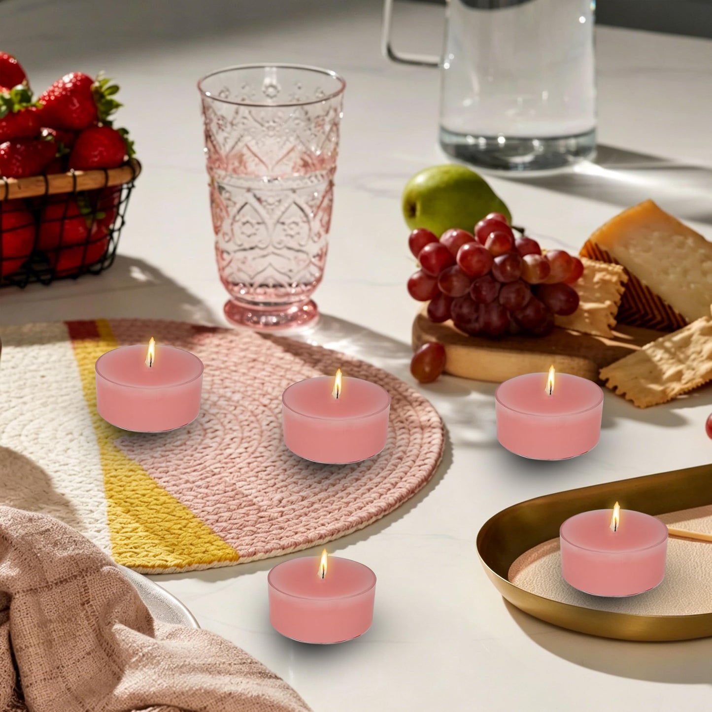 Pink Candles Tea Lights Smokeless Rose Scent Tealight Candles Handmade Tealights Set of 24 Long Burning for Wedding Meditation Dinner Home Decor