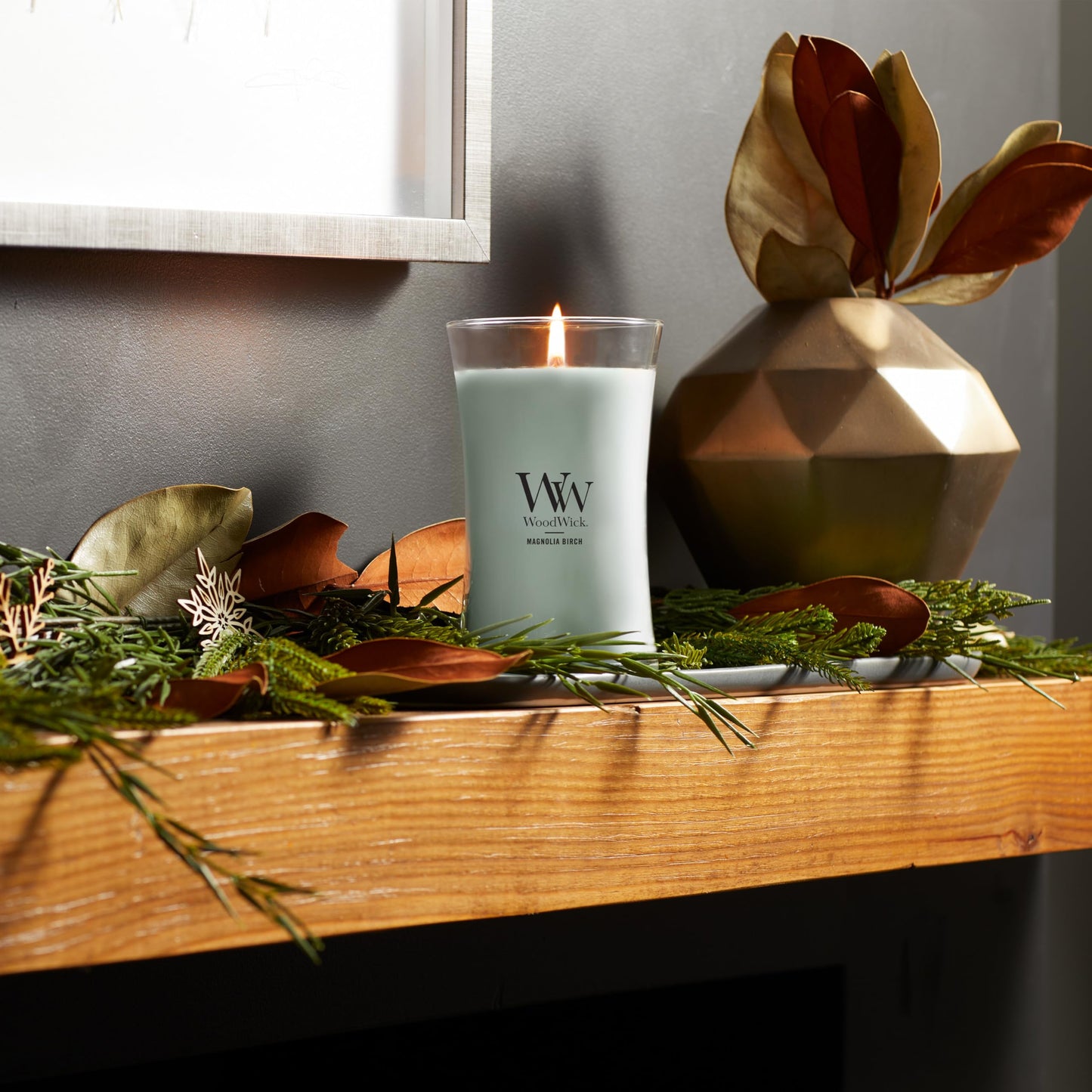 WoodWick Magnolia Birch Holiday Candle Gifts for Women and Men, 21.5 oz Large Hourglass Candle with Crackling Wick