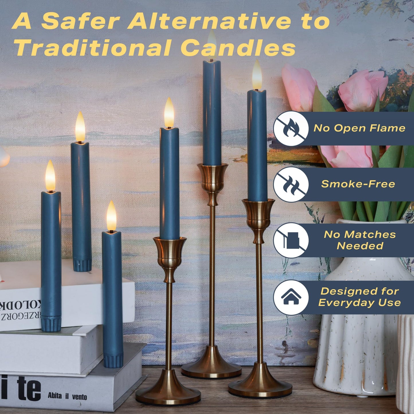 AFINETH Blue Flameless Taper Candles with Remote, Short Battery Operated LED Candles, 6.4inch Flickering Flameless Candlesticks for Table Centerpiece, Wedding, Mantel, Window Decor, Set of 6
