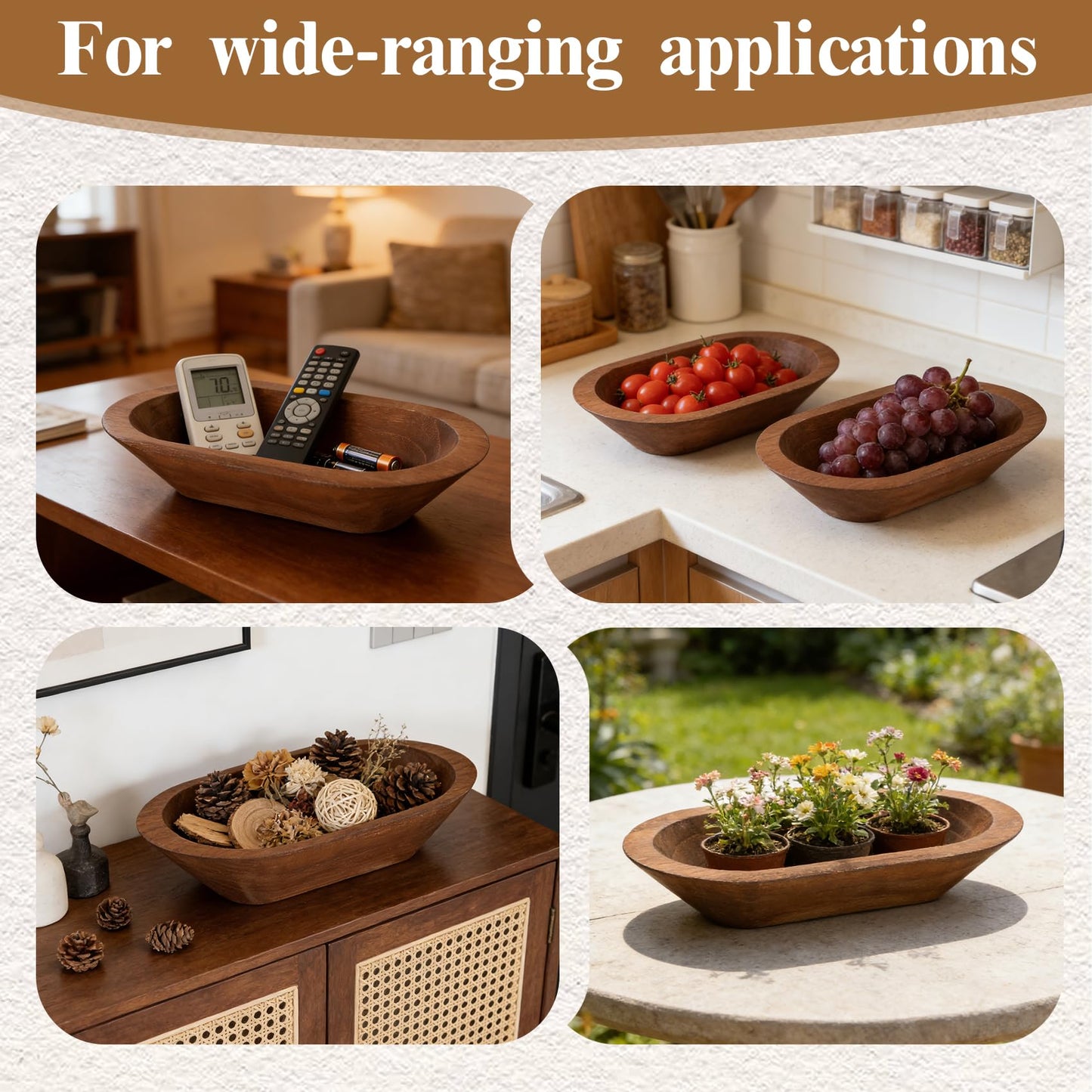 4 Pack Wooden Dough Bowls 8.5-inch Rustic-Style Dough Bowls, Vintage Design, Perfect for Table Centerpieces, Living Rooms, and Candle Making, Brown