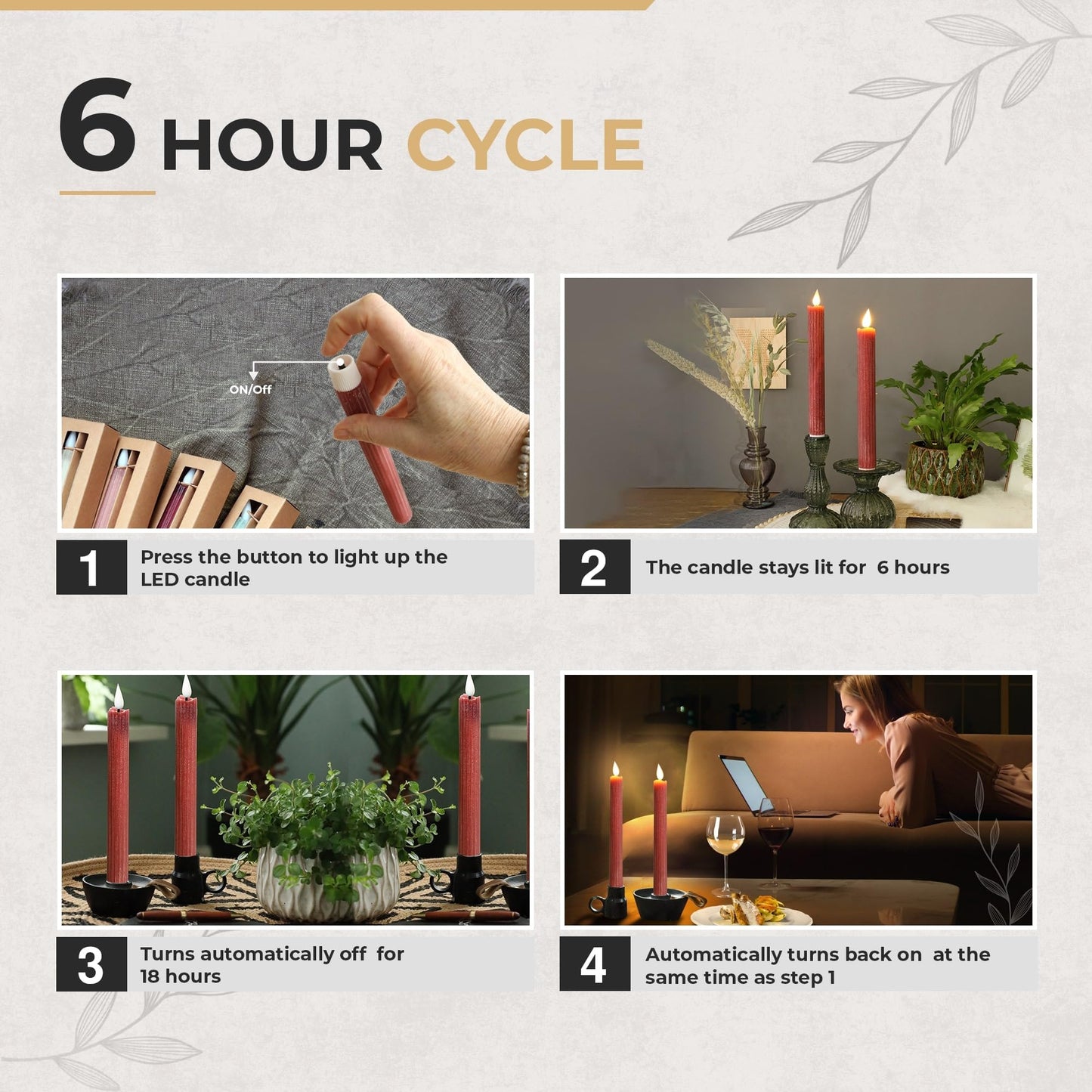 comforder Flameless Taper Candles – Flickering LED Flame with 6H Timer – Real Wax, Ribbed Design – Battery Operated Set of 2 – 10" Tall (Burgundy Red)