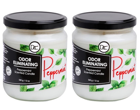 Peppermint Two Pack Odor Eliminating Highly Fragranced Candle - Eliminates 95% of Pet, Smoke, Food, and Other Smells Quickly - Up to 80 Hour Burn time - 12 Ounce Premium Soy Blend