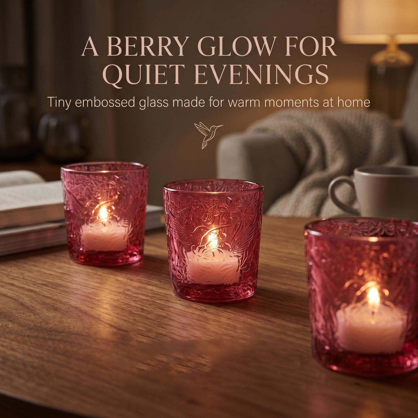 6 Pack Hummingbird Embossed Glass Candle Holders Votive Tealight Holders with Patent Design, Decorative Glass Cups for Wedding Centerpieces, Parties, and Home Decor (Wildberry Red)