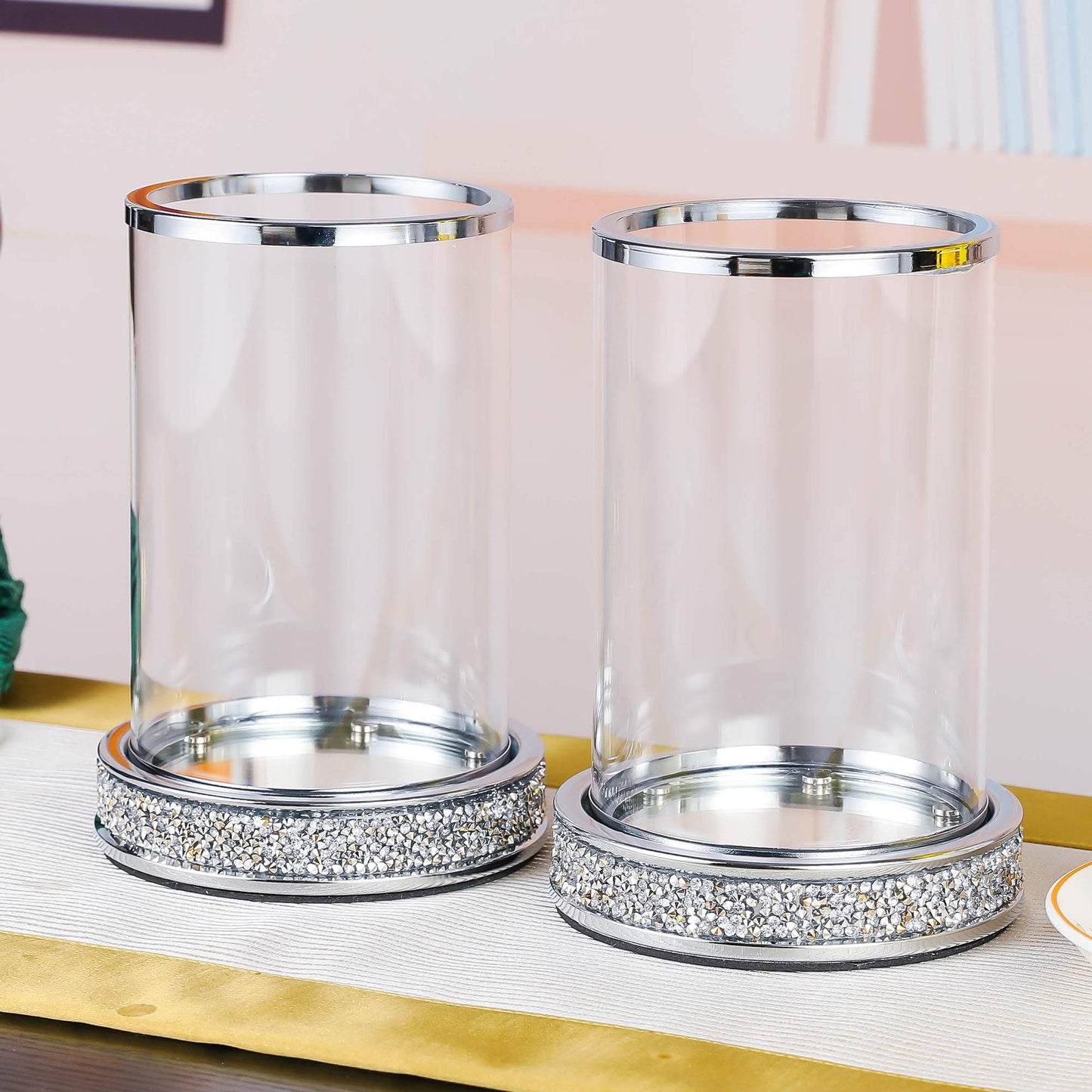 Pillar Candle Holders set of 2,Hurricane Candle Holders for Pillar Candle,Glass Candle Holder for Coffee Dining Table, Wedding, Christmas, Halloween, Home Decoration,Silver Candle Holders