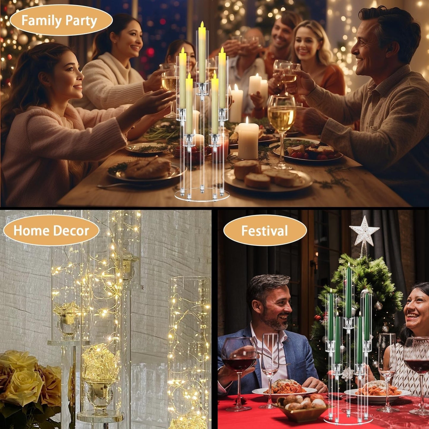 5 Arms Acrylic Candelabra Centerpieces for Tables, Clear Candle Holder for Halloween Christmas Wedding Party Decor, 27" Tall Candlestick Holders with Lampshade, Fits LED Candle(1pcs)