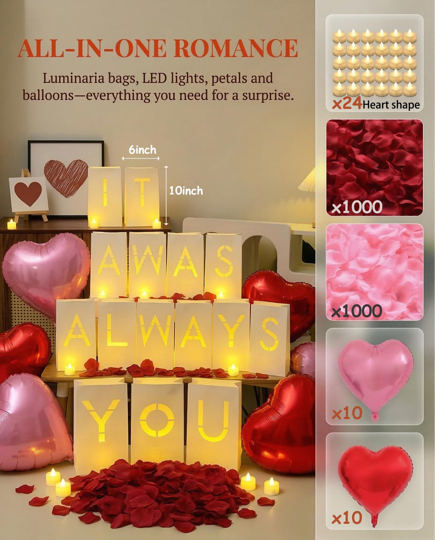 JZLiner It was Always You Light Up Letters Include Romantic Fake Rose Petals and LED Candles Heart Balloons Set Decorations