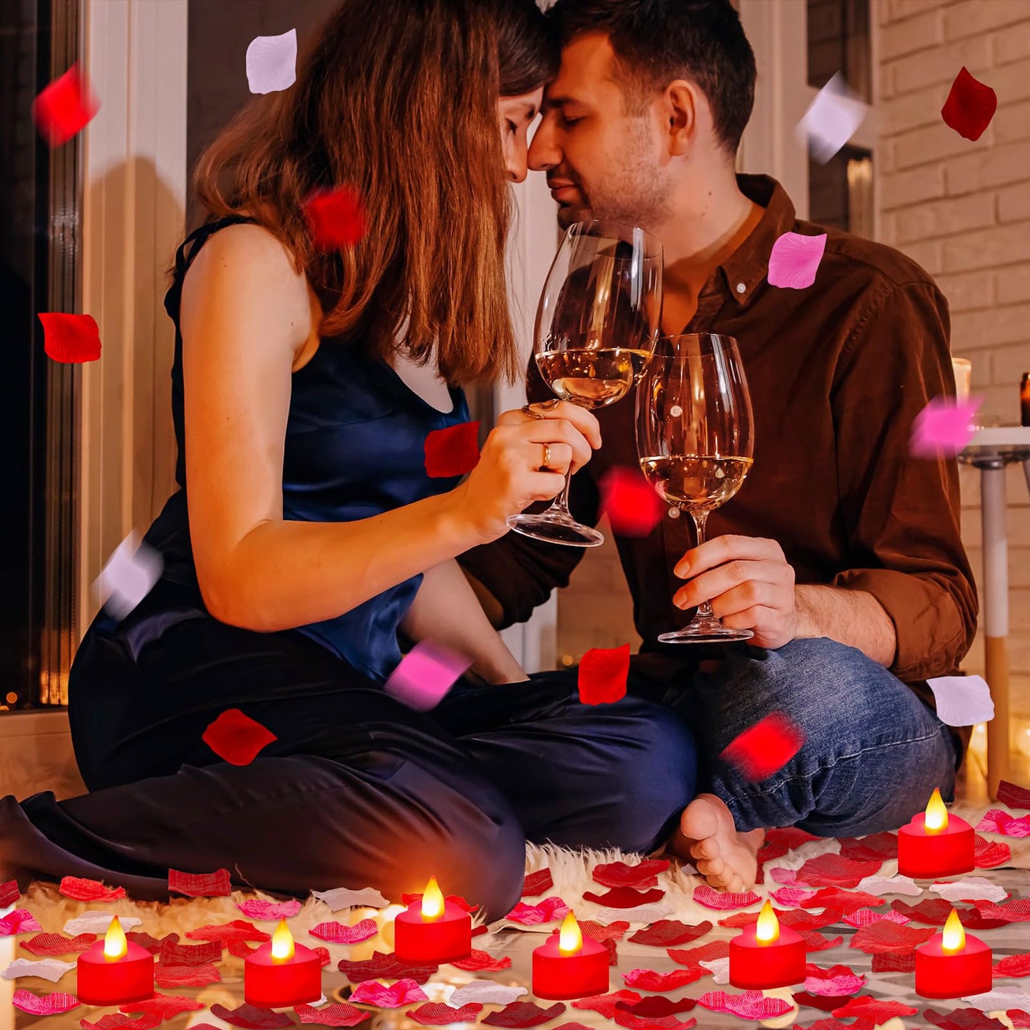 Coume 6000 Pieces Artificial Rose Petal 72 Pieces LED Tealights Candle, Romantic Decorations Special Night Rose Petal Heart Candle for Valentines Wedding Anniversary Proposal Decor(Cute Red Light)
