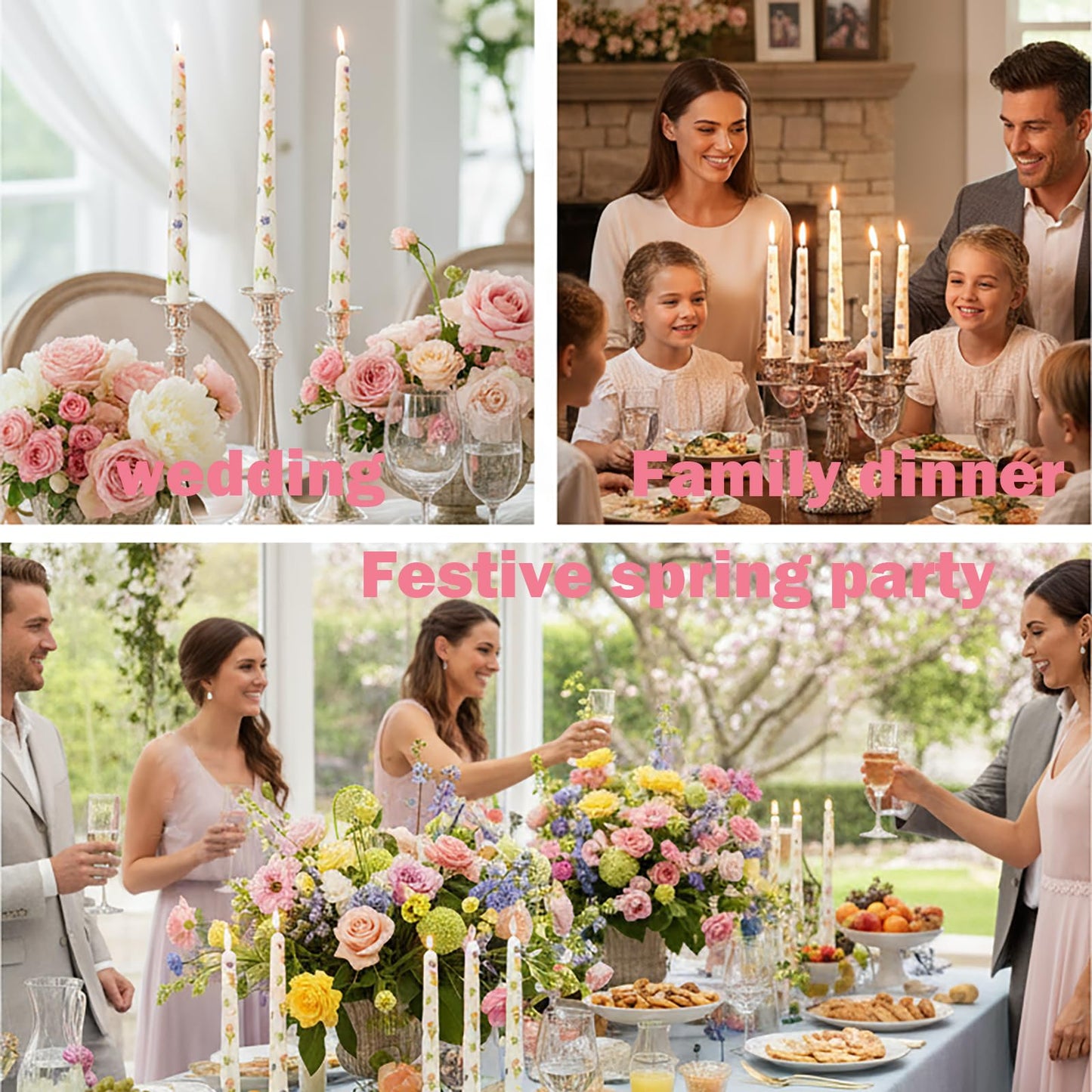 W&LESVAGO 4 Pcs Tulips Print Taper Candles, 10 Inch Ivory Dripless Long Candles Set for Wedding Anniversary Home Decoration Dinner Party (Tulips)
