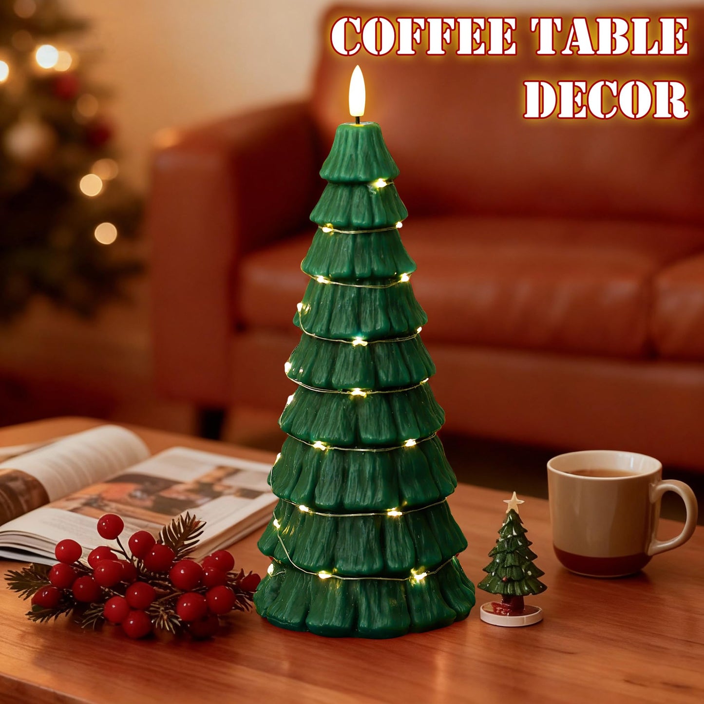 Flameless Christmas Tree Candles with Remote, 3D Flickering Flame Battery Operated LED Candle with Starlight String, Large Electric Tree Candles for Christmas Home Decor, Green