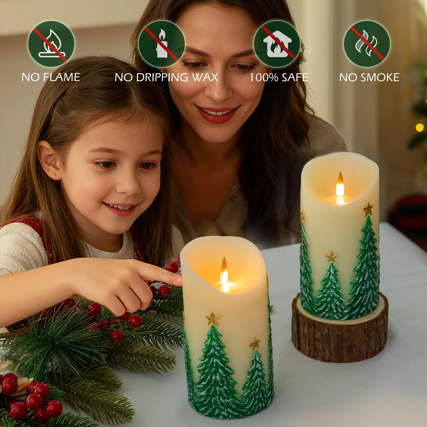 SEHNSY Christmas Tree Flameless Candles with Remote and Timer, Real Wax LED Pillar Candle with Flickering Flame, Embossed Design, Battery Operated Candles Xams Holiday Home Décor