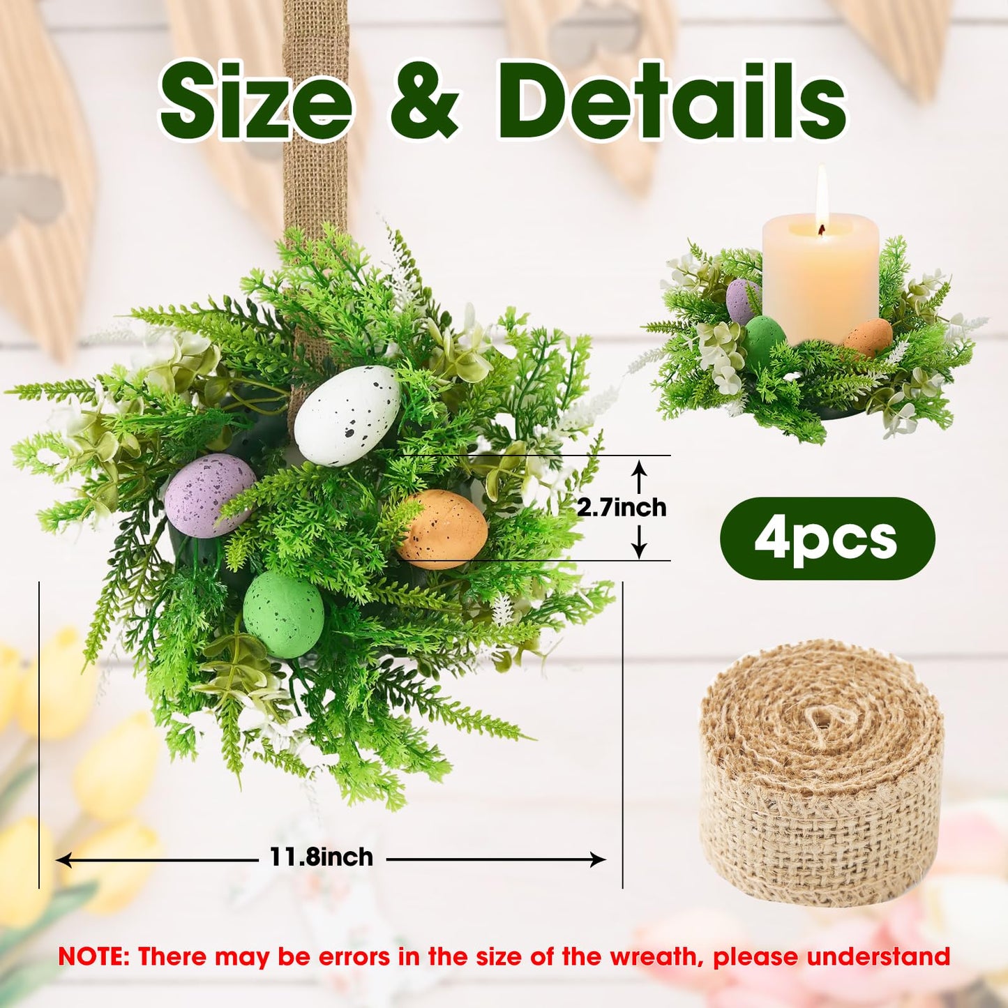 Easter Wreath 4Pcs, 11.8 Inch Easter Wreath with Ribbon, Artificial Egg Lily Green Plants Wreath, Hanging/Tabletop/Candle Ring Decor for Home Front Door, Porch, Wall, Window, Cabinets