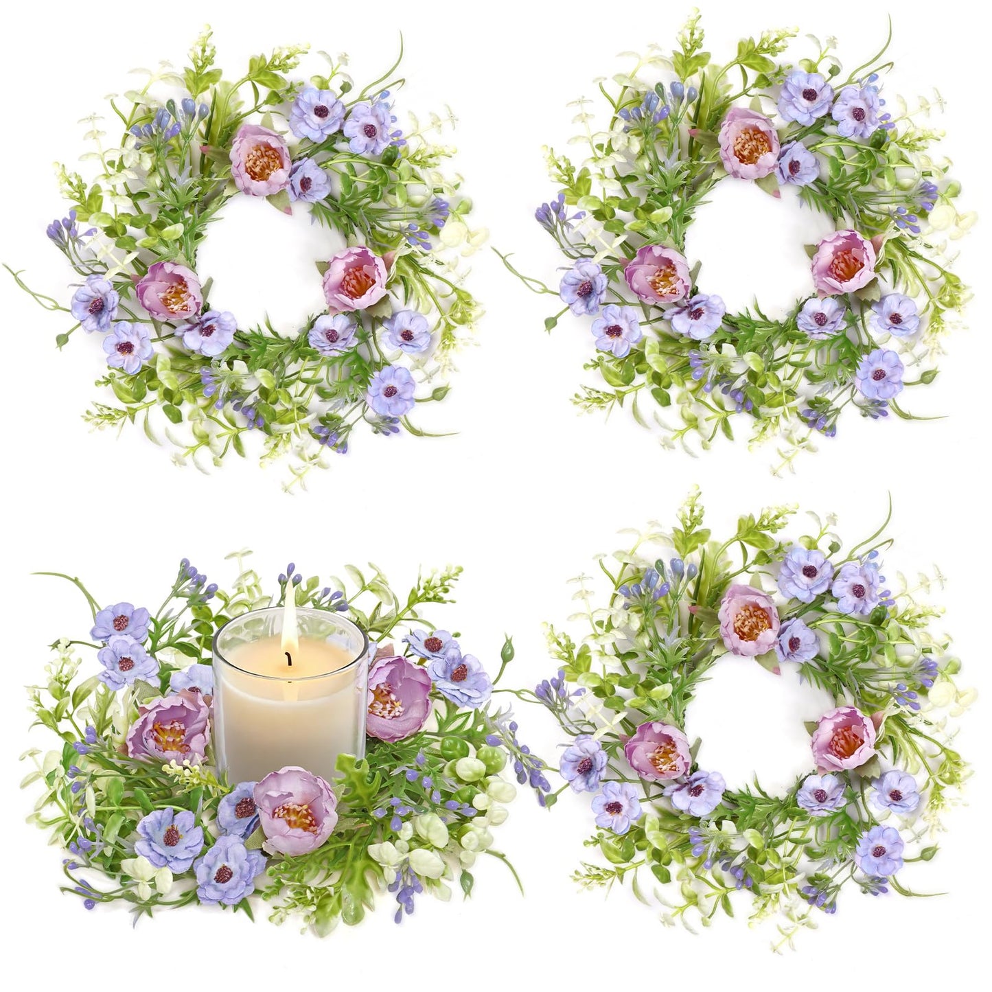 KHOYIME Floral Candle Rings Wreath 4PCS Small Spring Summer Purple Artificial Flowers Greenery Wreaths for Pillars, Mini Candle Holder Kitchen Cabinets Table Centerpieces Wedding Party Farmhouse Decor