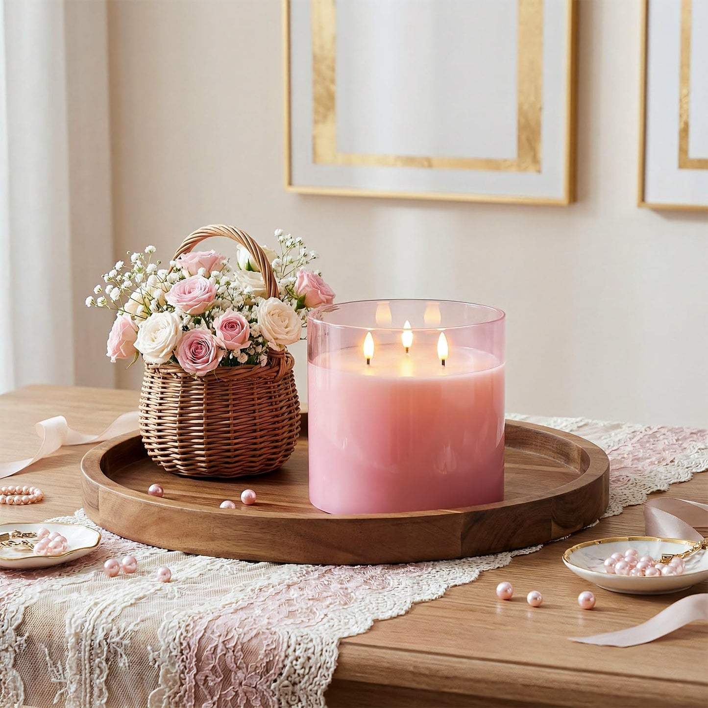 Homemory 6x6 Extra Large Flameless Candle with 3 Wicks, Pink Glass LED Pillar Candle, Real Wax Battery Operated Candle with Remote and Timer, Flickering Flameless Candle Home Wedding Valentine Decor