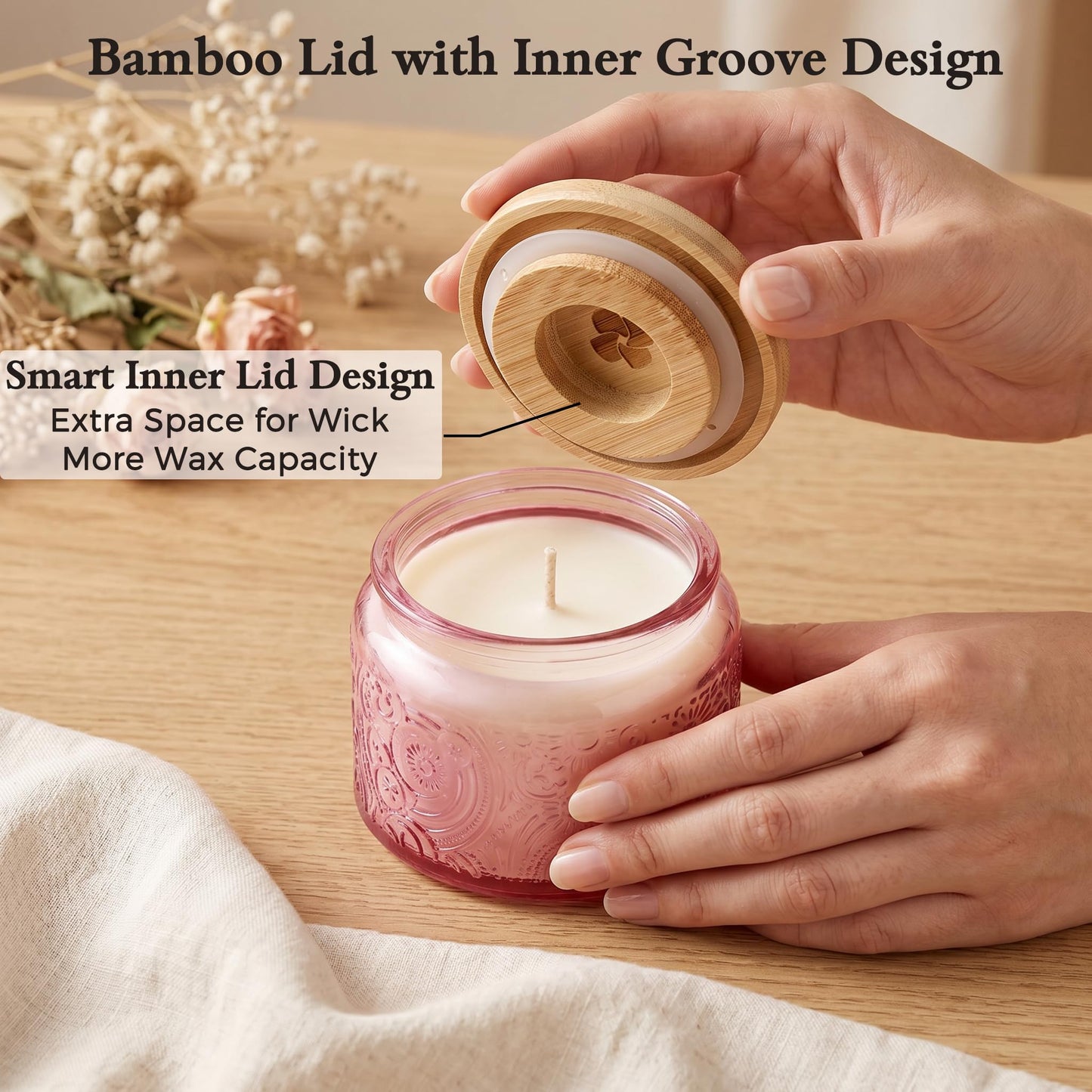 18-Pack 4oz Embossed Glass Candle Container with Bamboo Lids and Labels, Pink Candle Jars for Making Candles, Sun Moon Star Design