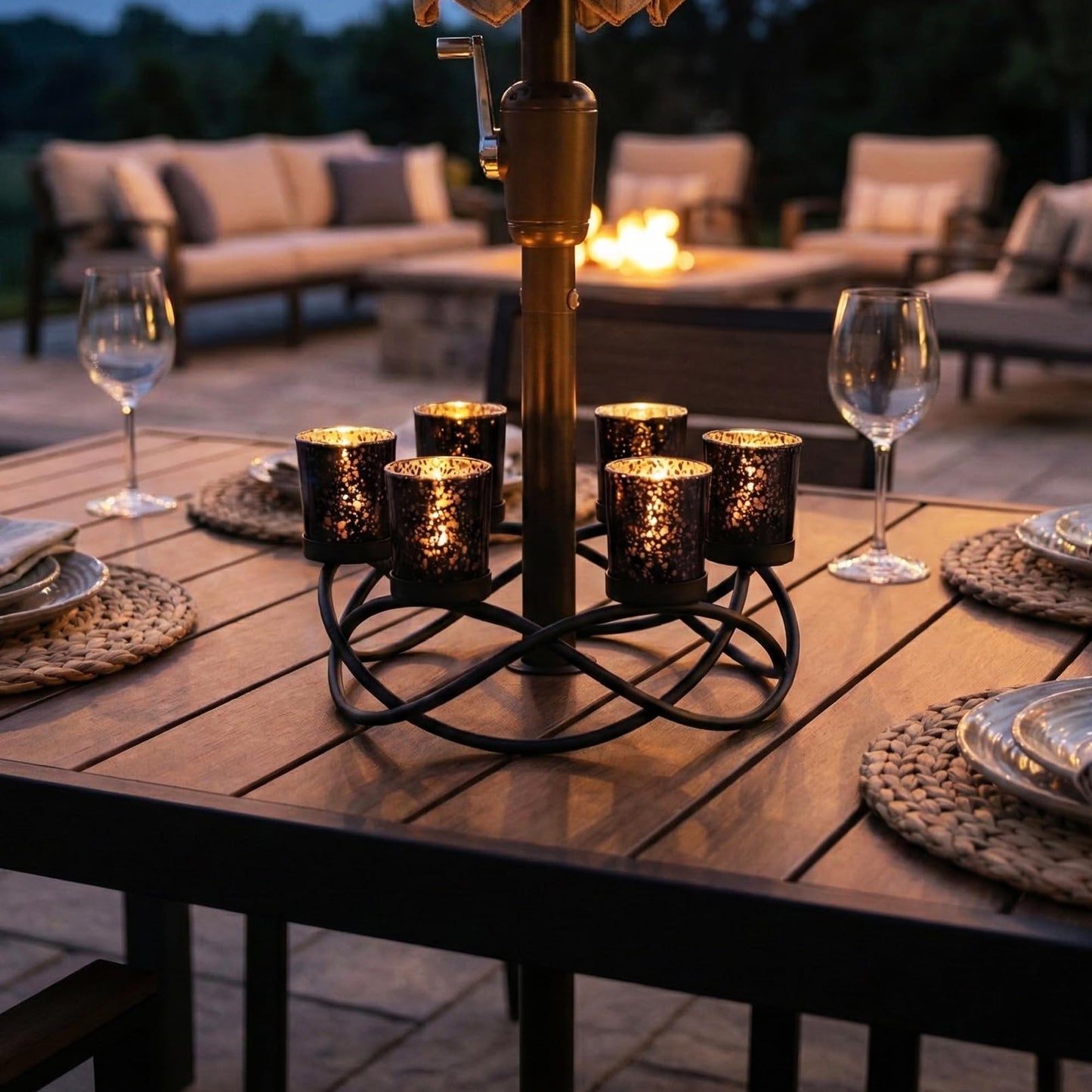 Seraphic Centerpieces for Halloween Table Decorations - Round Candle Holders for Outdoor Patio, Dining, Kitchen, Coffee & Wedding Table Decor, Black Iron Candelabra, 6 Black Glass Votive Tealight Cups