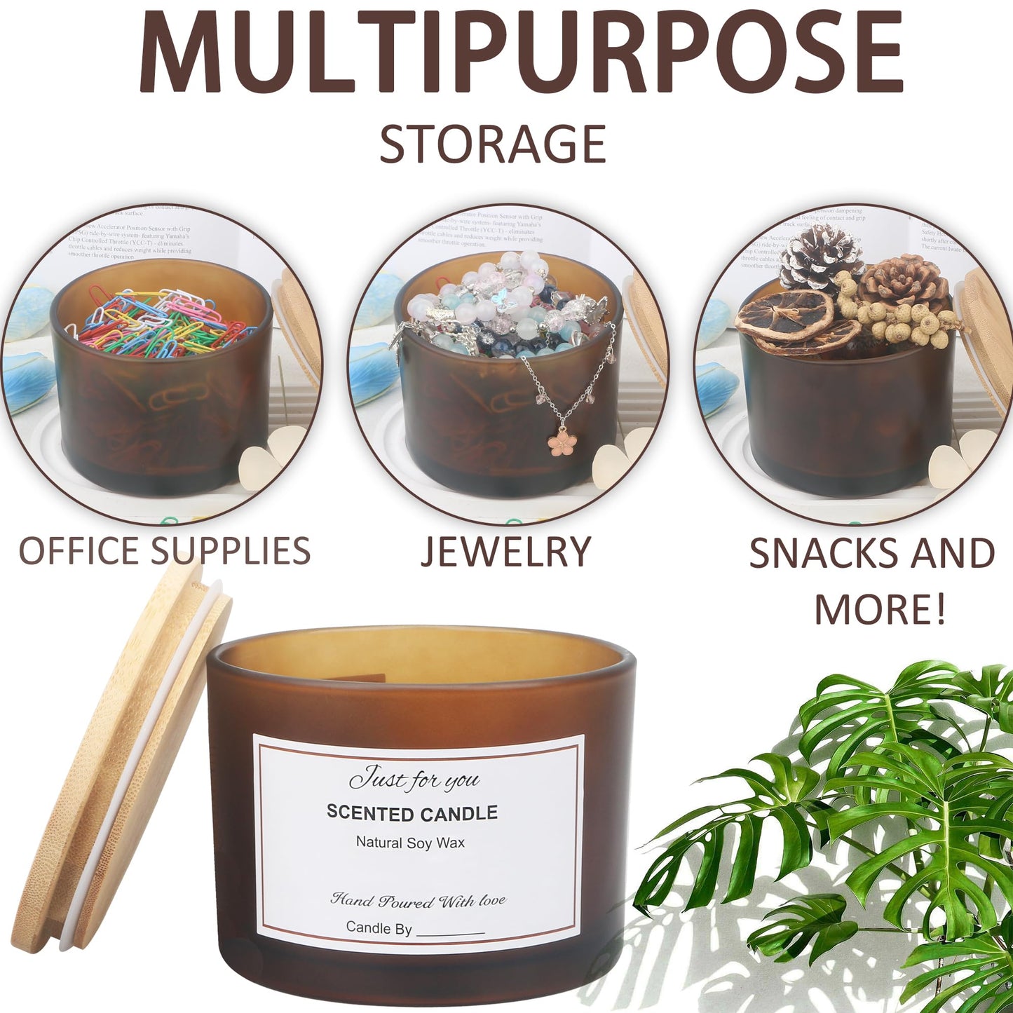 MILIVIXAY 6 Pack 16 oz Candle Jars with Bamboo Lids and Candle Making Kits - 3 Wick Candle Jar,Bulk Empty Frosted Amber Thick Glass Jars for Making Large Candles - Spice, Powder Containers.