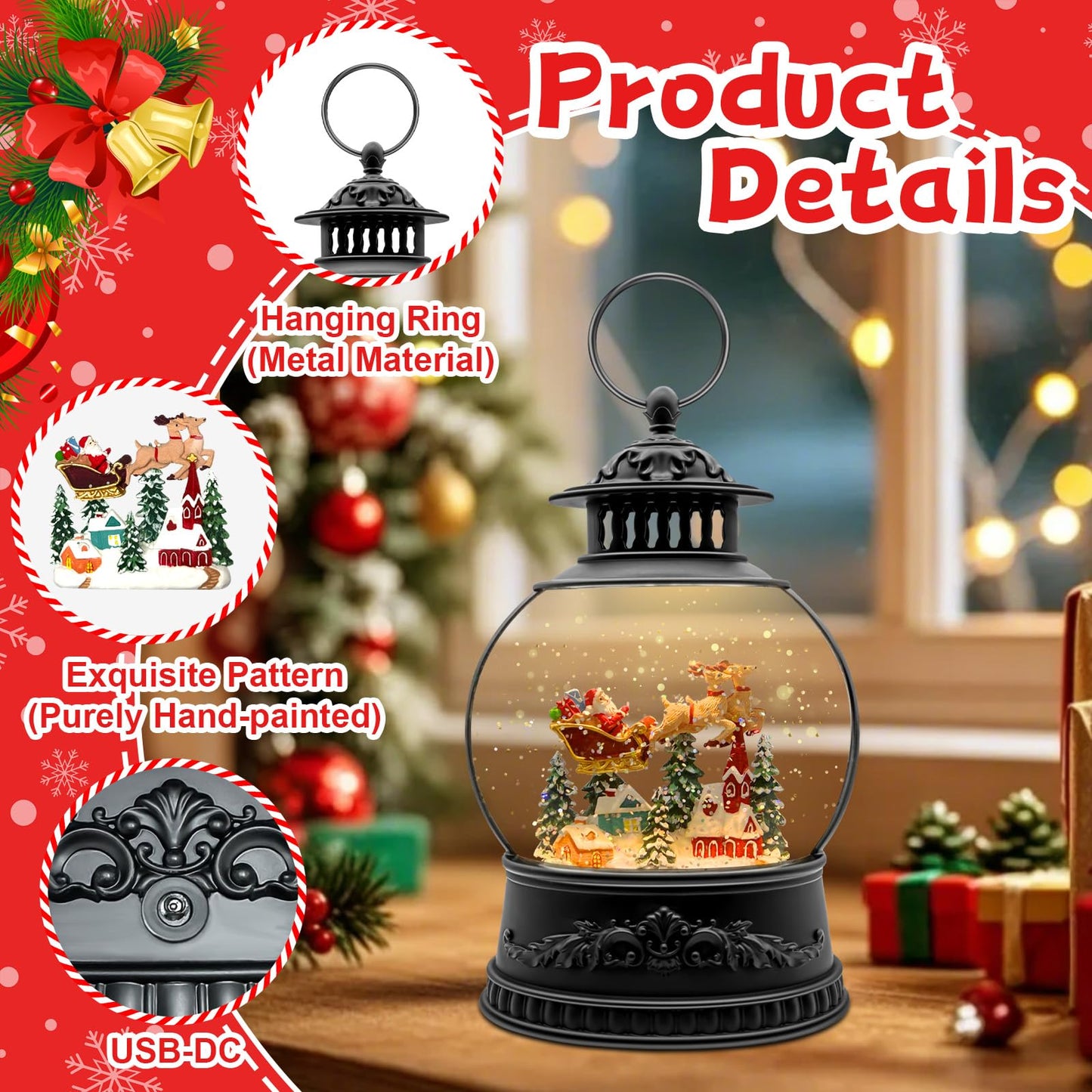Christmas Snow Globes, Light Up Snow Globe with 6H Music Timer, Auto Snowfall, USB or Battery Powered, Christmas Globe with Santa Snow Globe Scene, Indoor Christmas Decorations for Home, 11.4 Inch