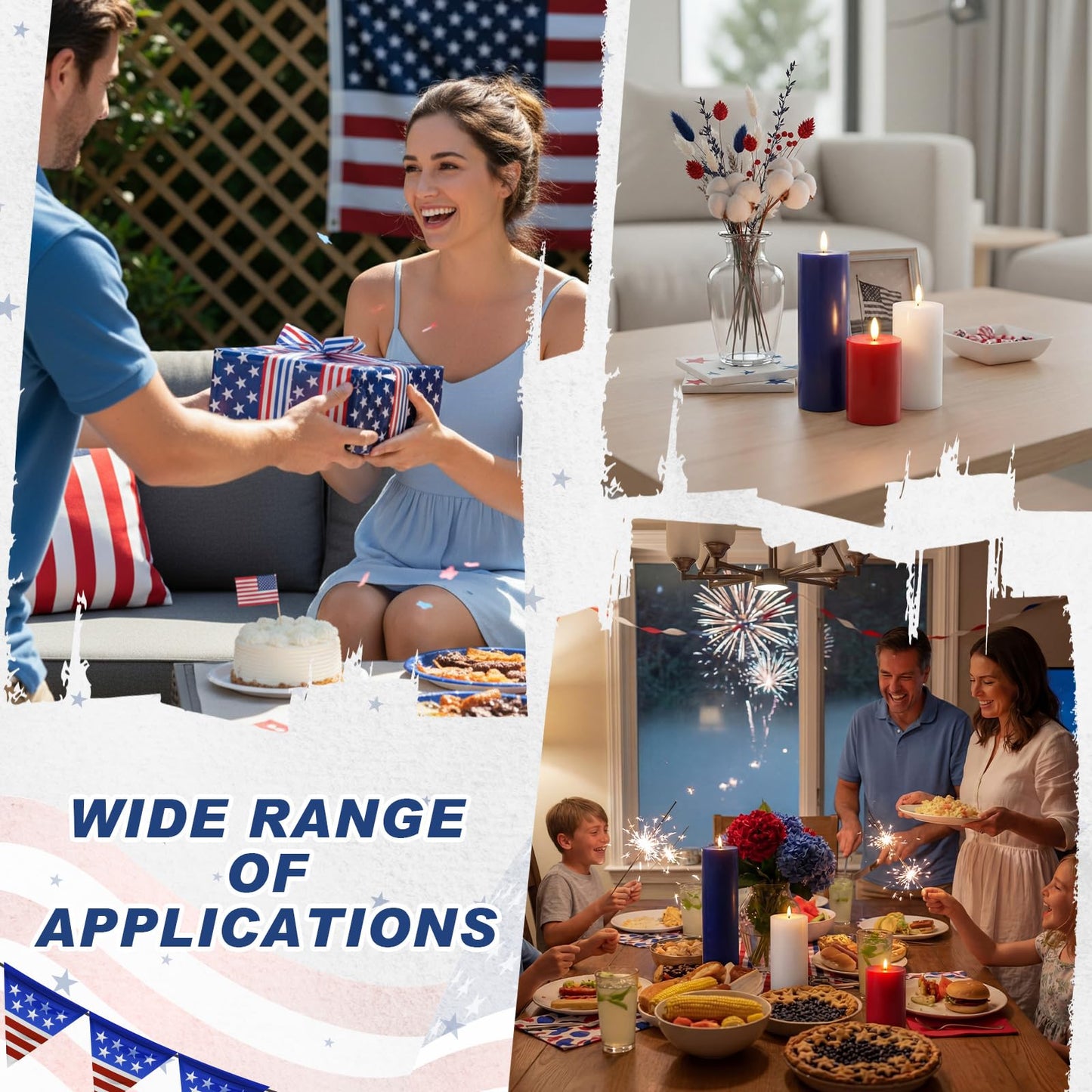 Retisee 3 Pcs 250th Anniversary Large Flameless LED Candles with Remot & Timer, 4th of July Red White Blue Battery Operated Wax Pillar Candles for USA American Patriotic Party Decorations
