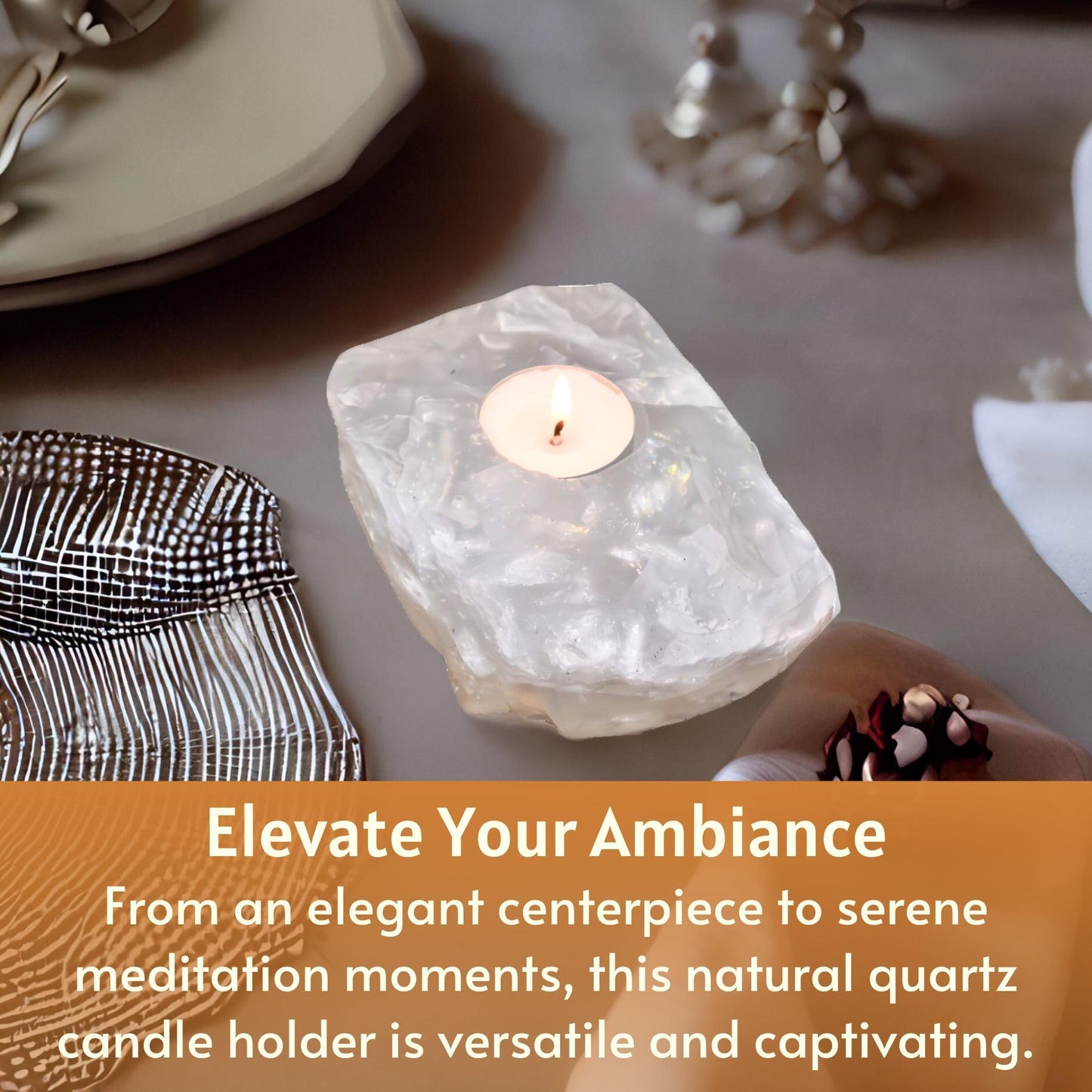 Nature’s Decorations Crystal Quartz Votive Tealight Holder - White Candle Holder for Side Tables, Countertops, Living Room, & Gifting - Rectangle Crystal Quartz Candleholder (3” x 3” x 1.5”)