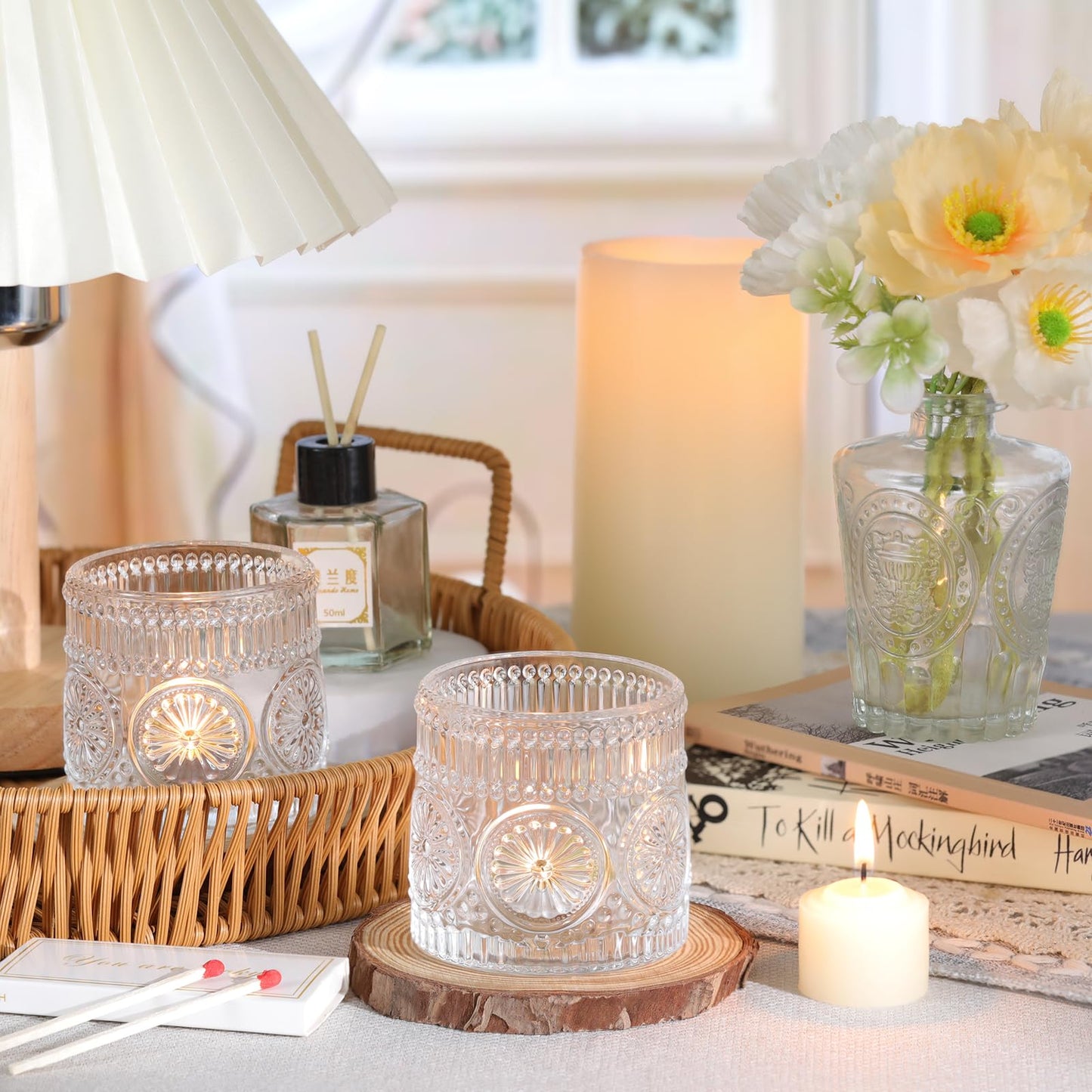 Sunnyfuture 6Pcs Large Votive Candle Holders Clear Glass Tealight Candle Holders for Wedding, Table Centerpiece, Party, Birthday, Home Decor