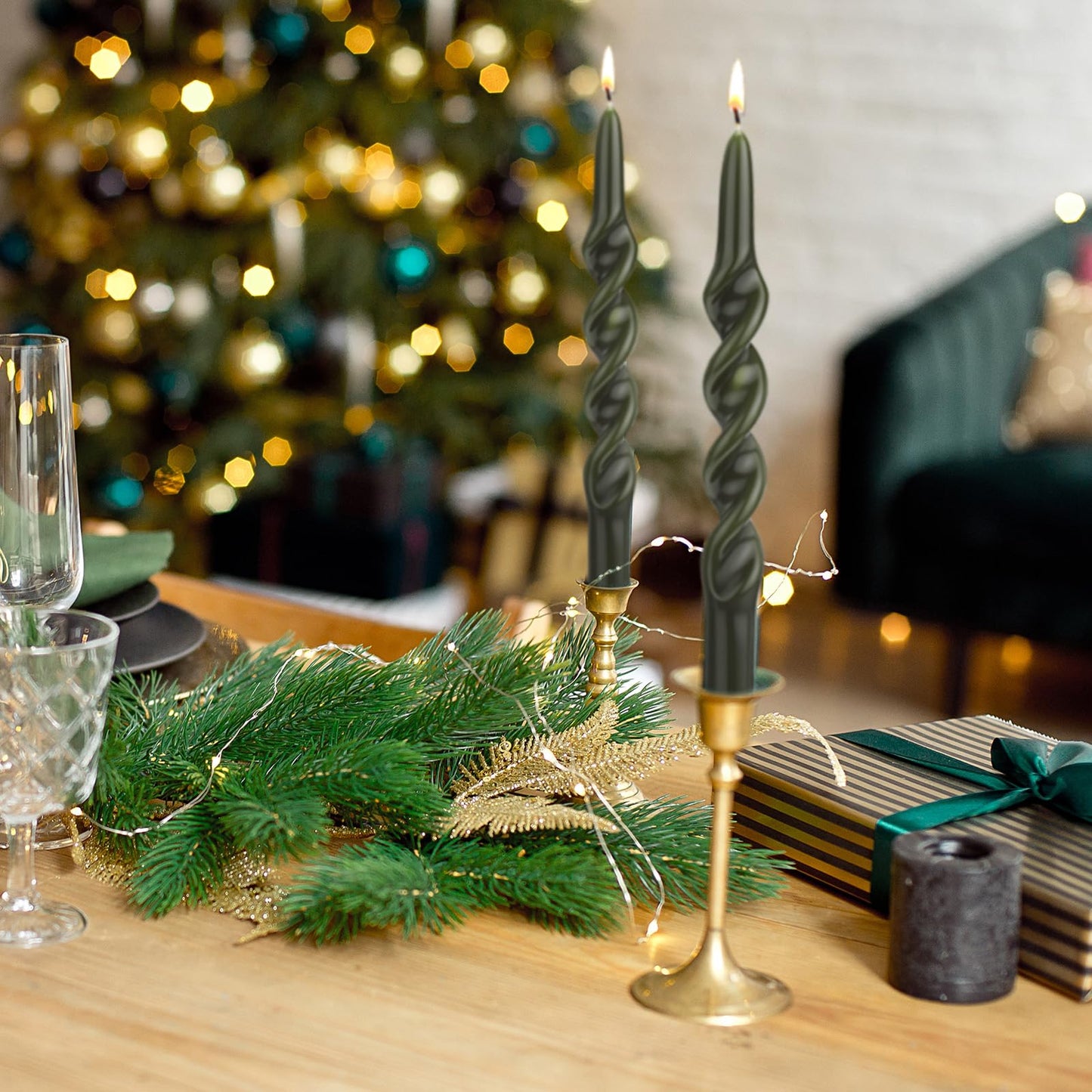 Zhengmy 4 Pcs Spiral Taper Candles, 10" Long Twisted Wax Candlesticks for Spring, Wedding, Birthday, Baby Shower, Anniversary, Holiday Party Home Table Decor(Green)